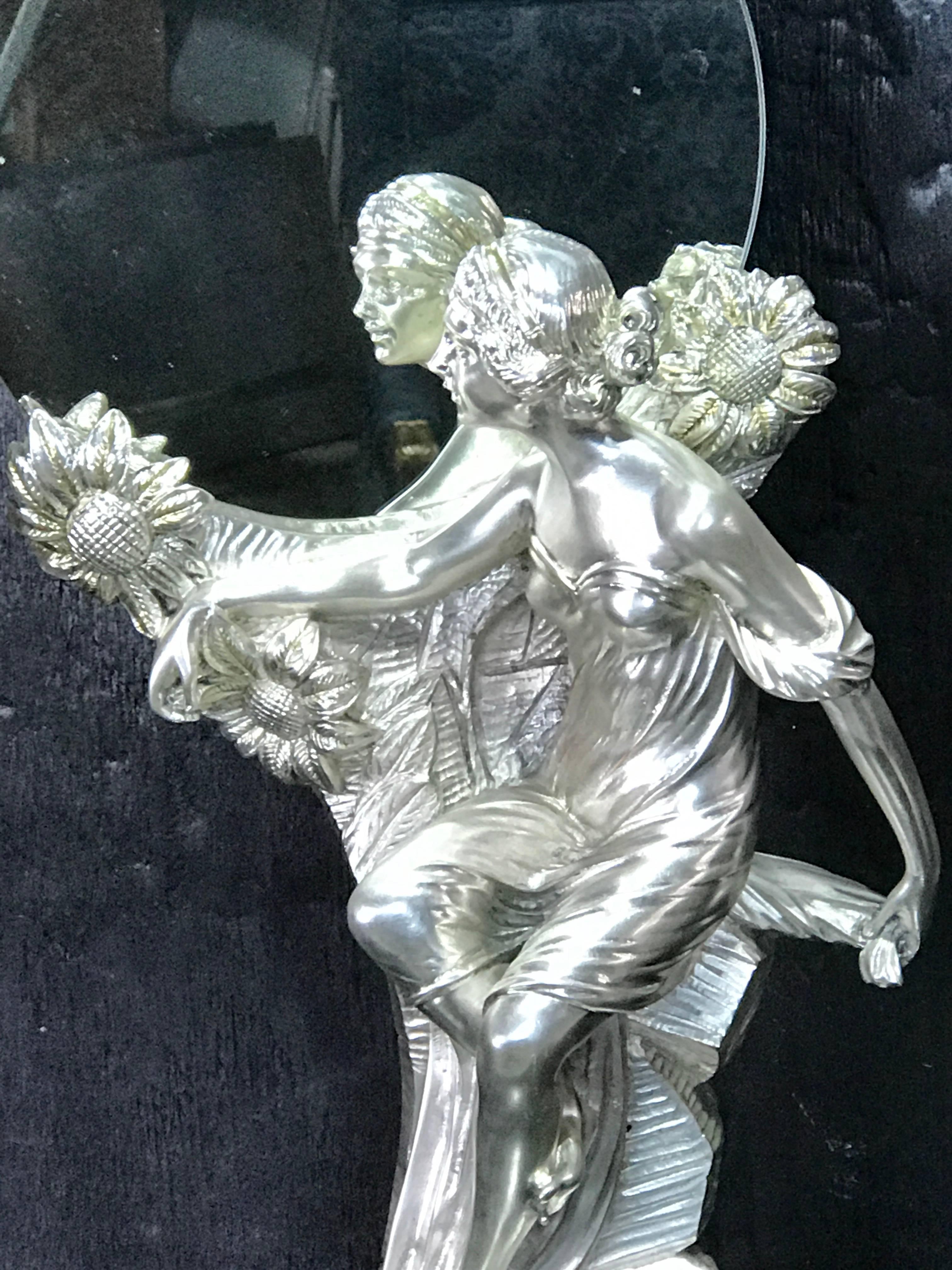 Silvered Art Nouveau Figural Silver Clad Table Mirror For Sale