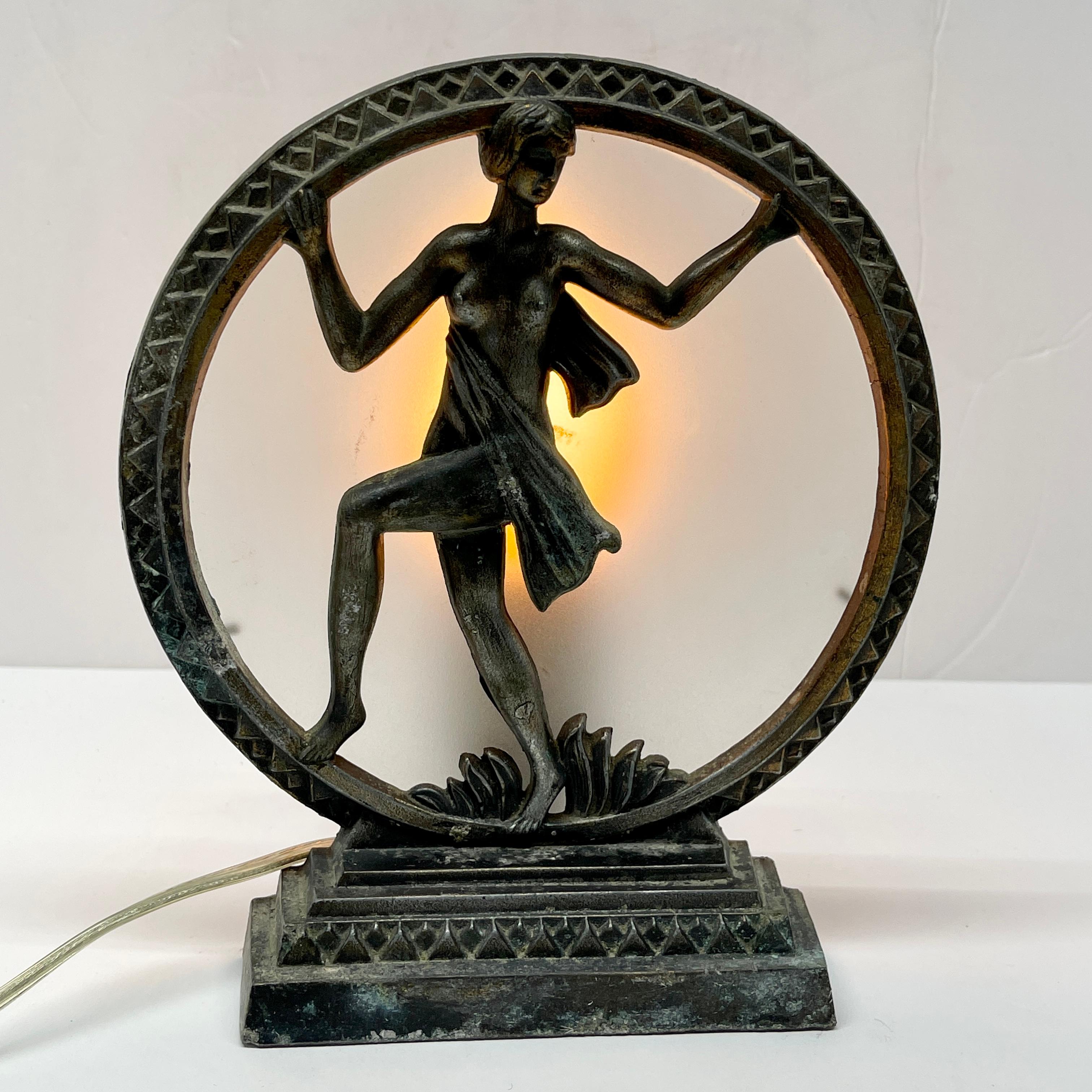 Frosted Art Nouveau Figural Woman Silhouette Table Night Lamp For Sale