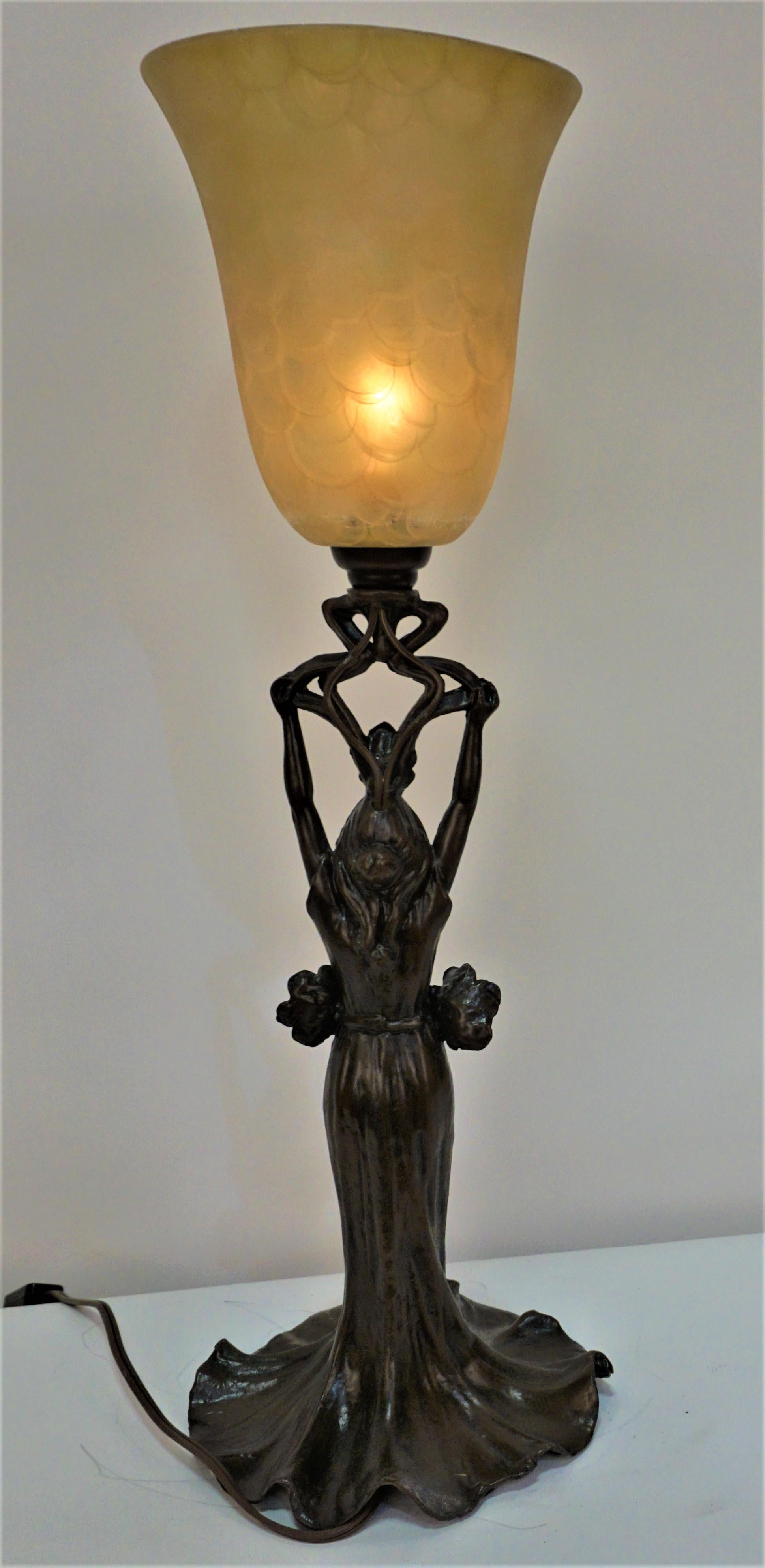 Spelter  Art Nouveau Figural Young Female Table Lamp 