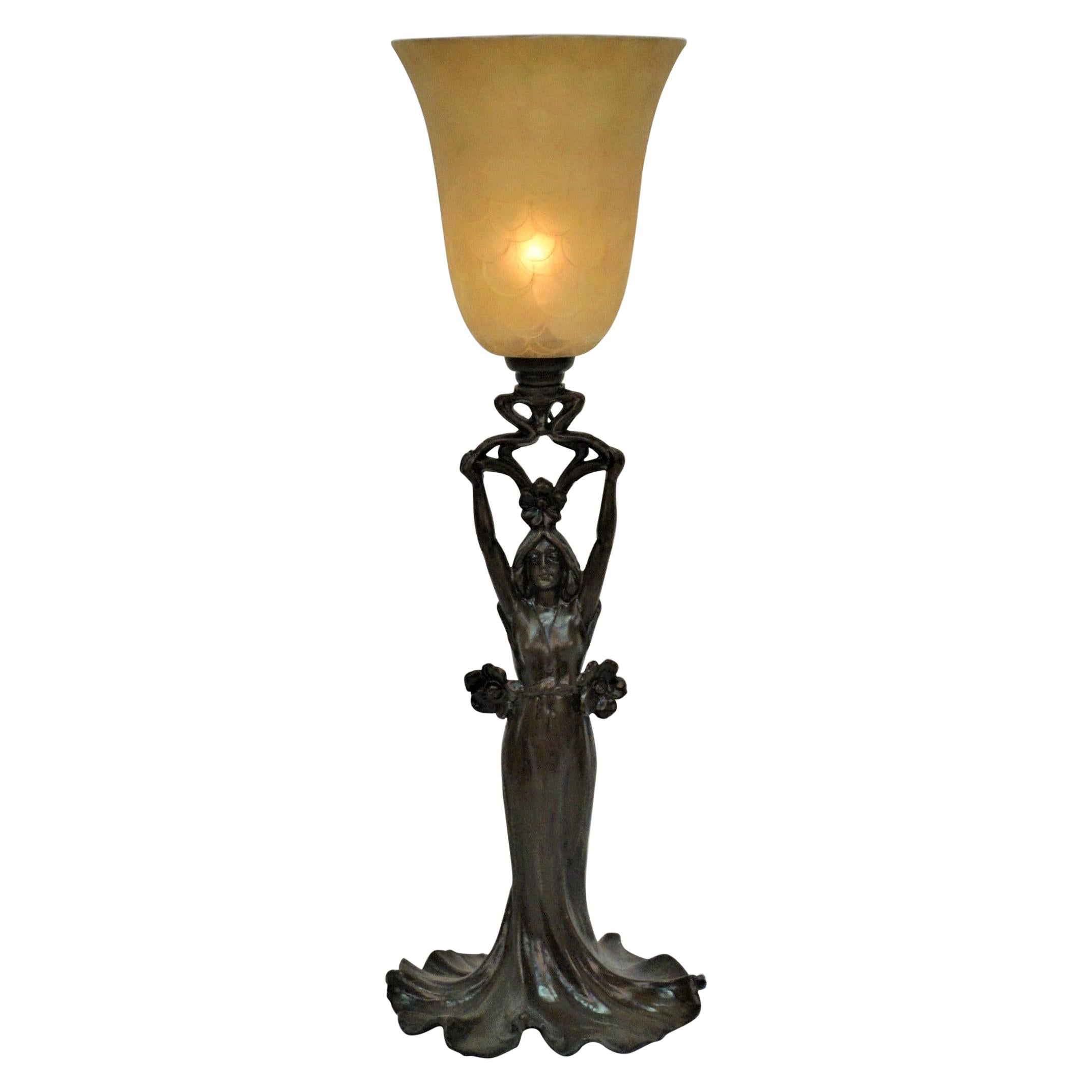  Art Nouveau Figural Young Female Table Lamp 