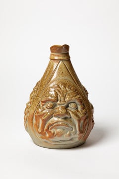 Art Nouveau figurative stoneware ceramic pticher four faces 1918 Lefevre carriès