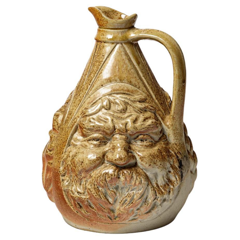 Art Nouveau figurative stoneware ceramic pticher four faces 1918 Lefevre carriès