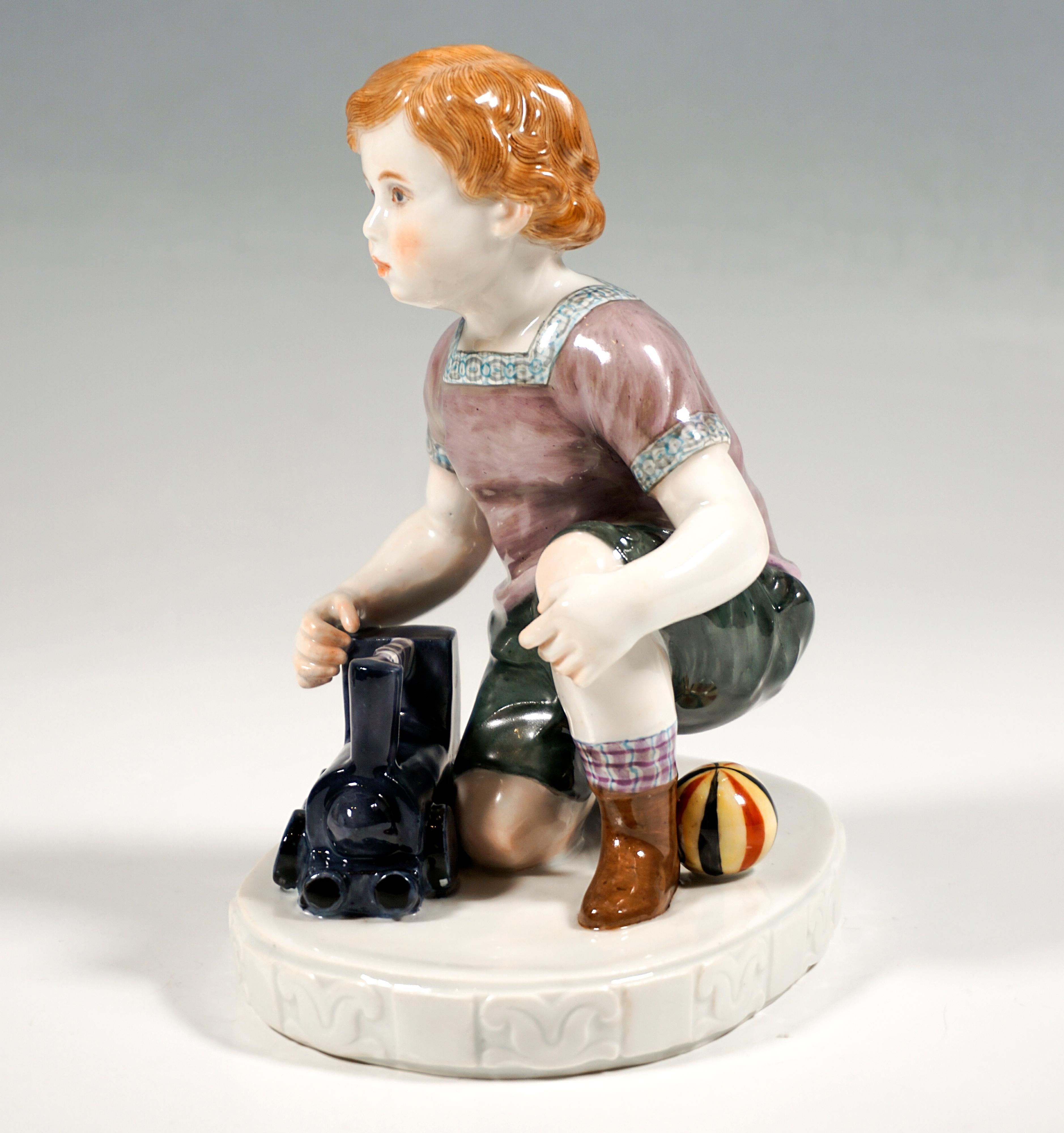 Hand-Crafted Art Nouveau Figure, Child With Locomotive & Ball, by E. Oehler, Meissen, Ca 1909
