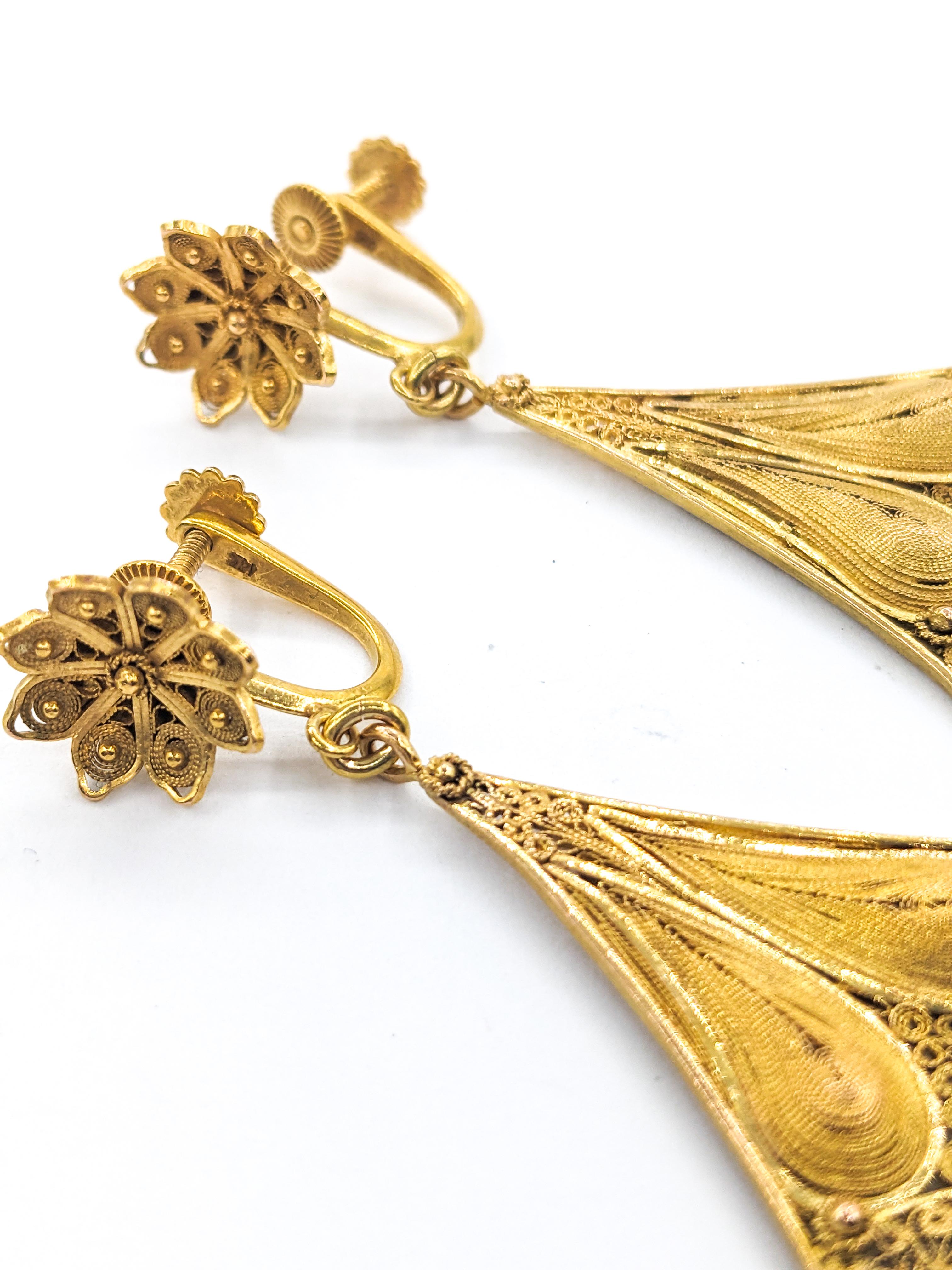 Art Nouveau filigree &Milgrain Drop Earrings In Yellow Gold

These exquisite Art Nouveau filigree and milgrain drop earrings, dating back to 1890-1910, are masterfully crafted in 18kt yellow gold. They feature a detailed and delicate design,