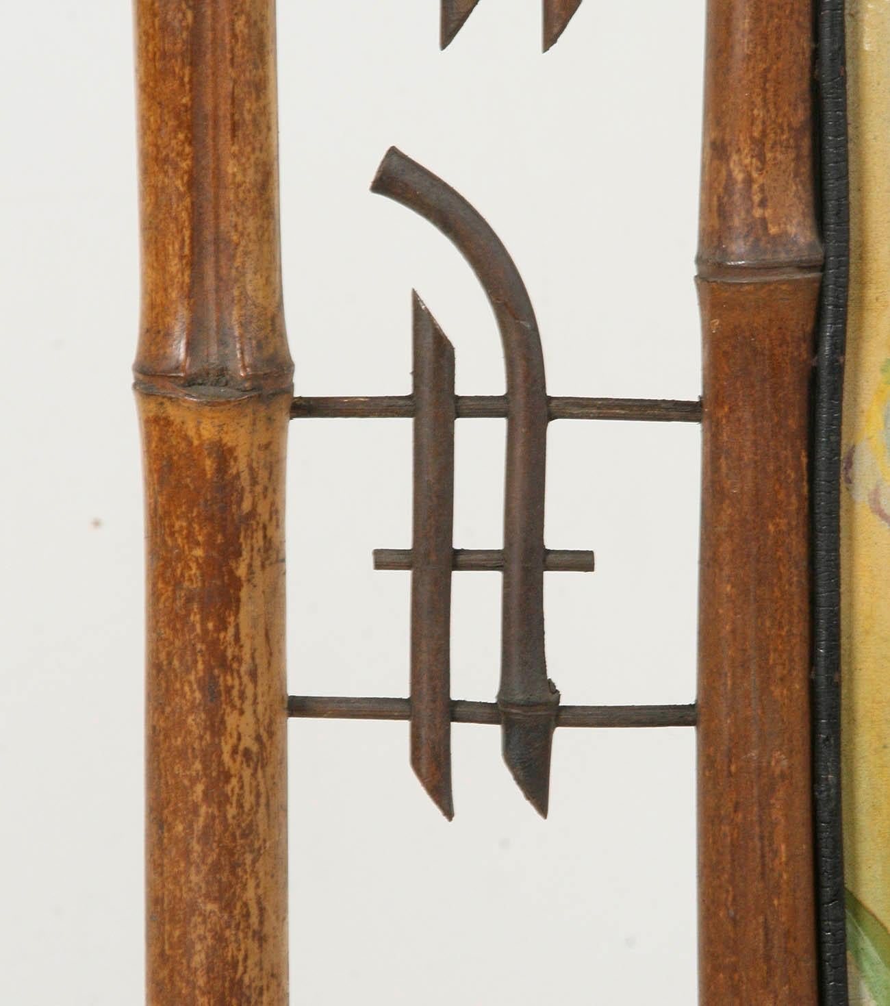 Jugendstil-Kaminschirm aus Bambus, gefertigt, mit Gemälde auf Leinwand aus dem Jahr 1896 im Angebot 6