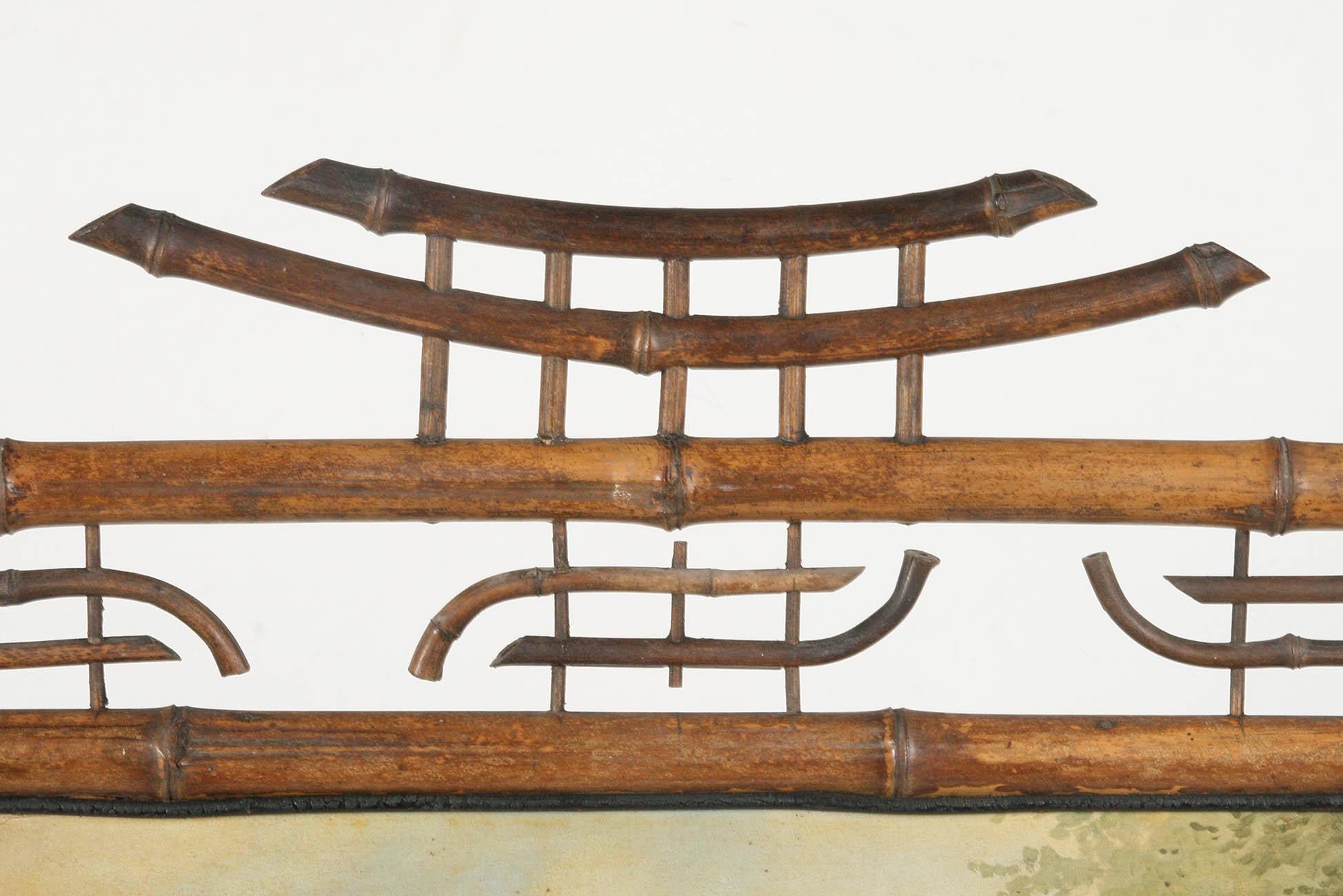 Jugendstil-Kaminschirm aus Bambus, gefertigt, mit Gemälde auf Leinwand aus dem Jahr 1896 im Angebot 7