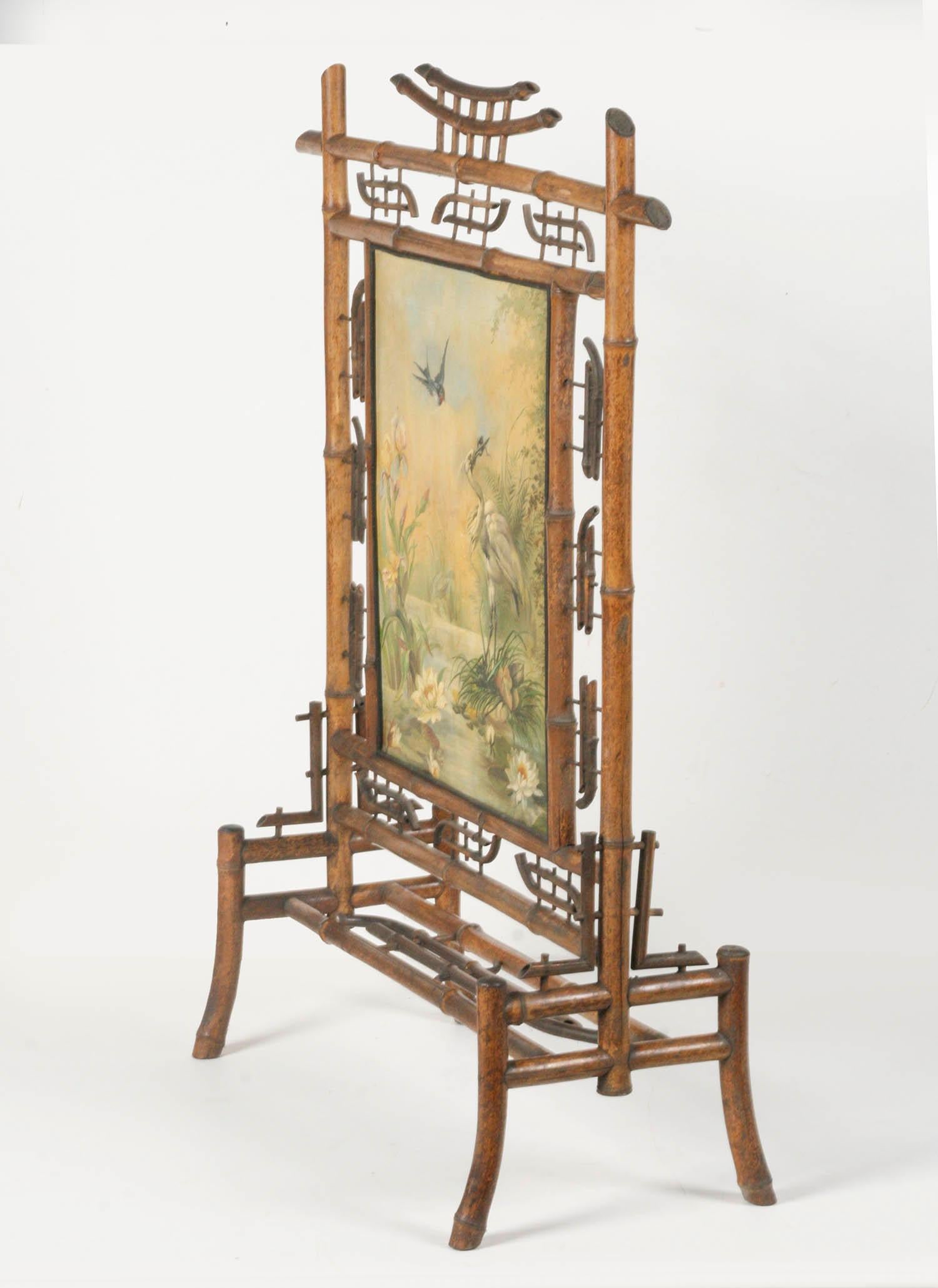 Jugendstil-Kaminschirm aus Bambus, gefertigt, mit Gemälde auf Leinwand aus dem Jahr 1896 im Angebot 10