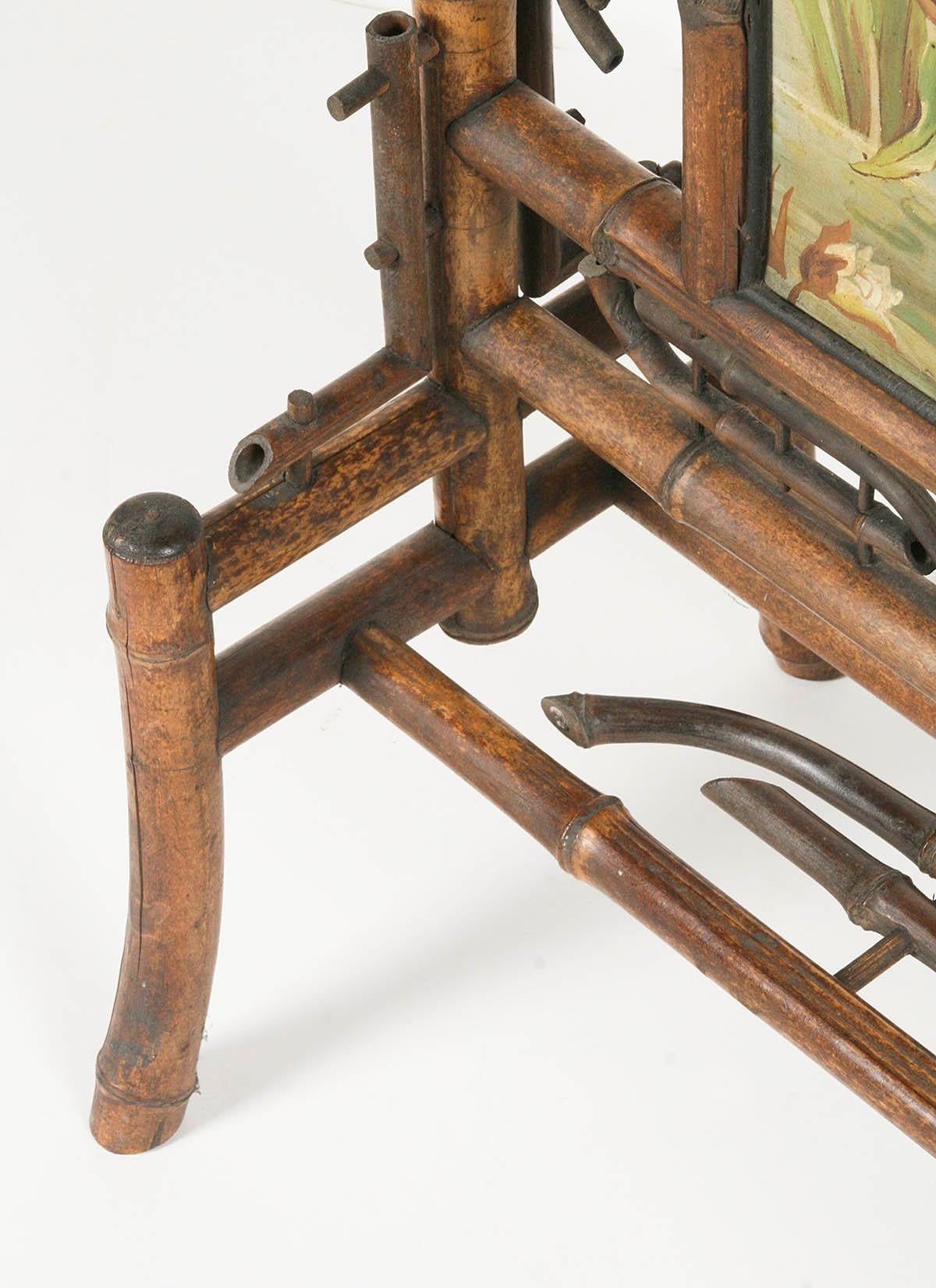Jugendstil-Kaminschirm aus Bambus, gefertigt, mit Gemälde auf Leinwand aus dem Jahr 1896 im Angebot 12