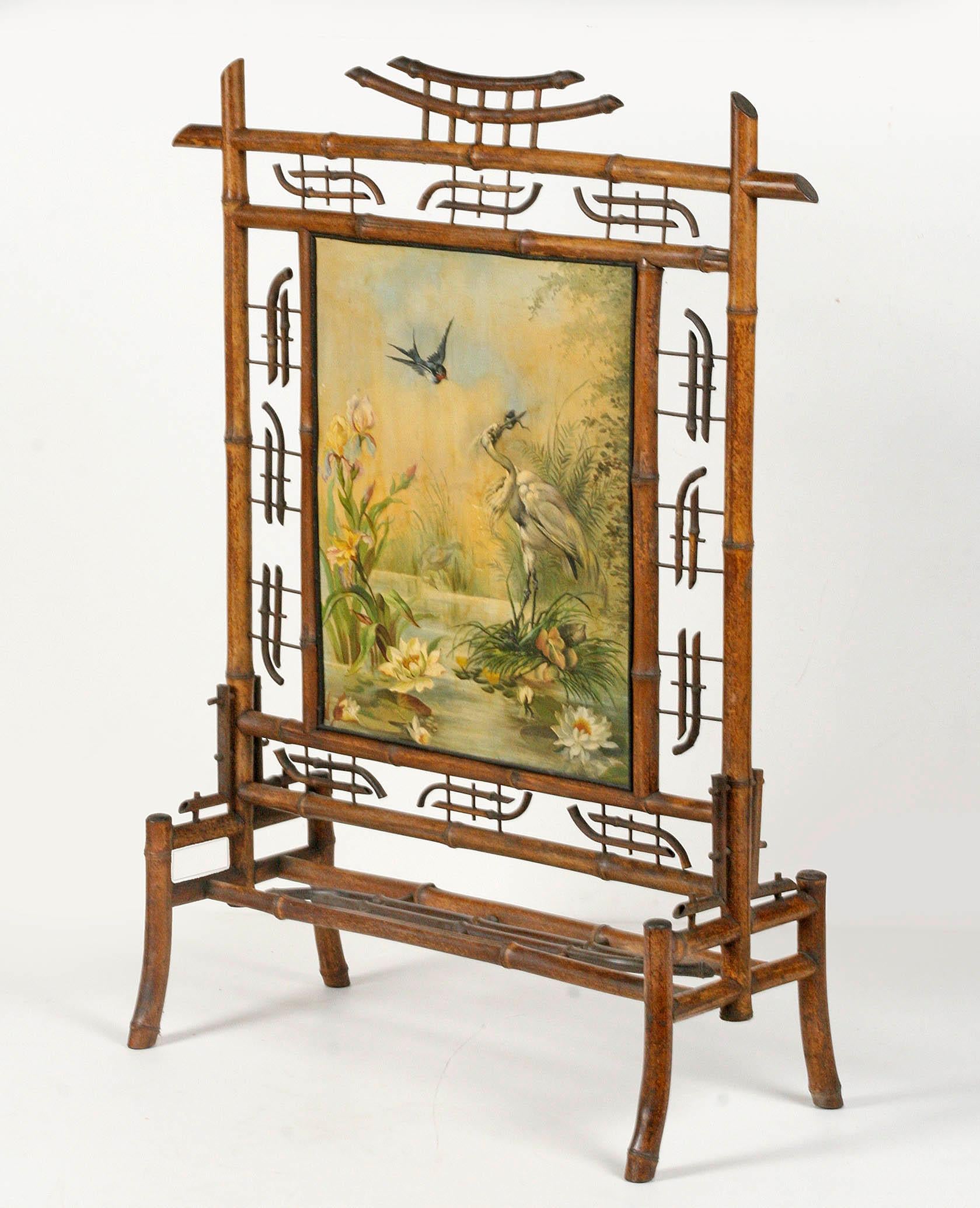 Jugendstil-Kaminschirm aus Bambus, gefertigt, mit Gemälde auf Leinwand aus dem Jahr 1896 (Art nouveau) im Angebot