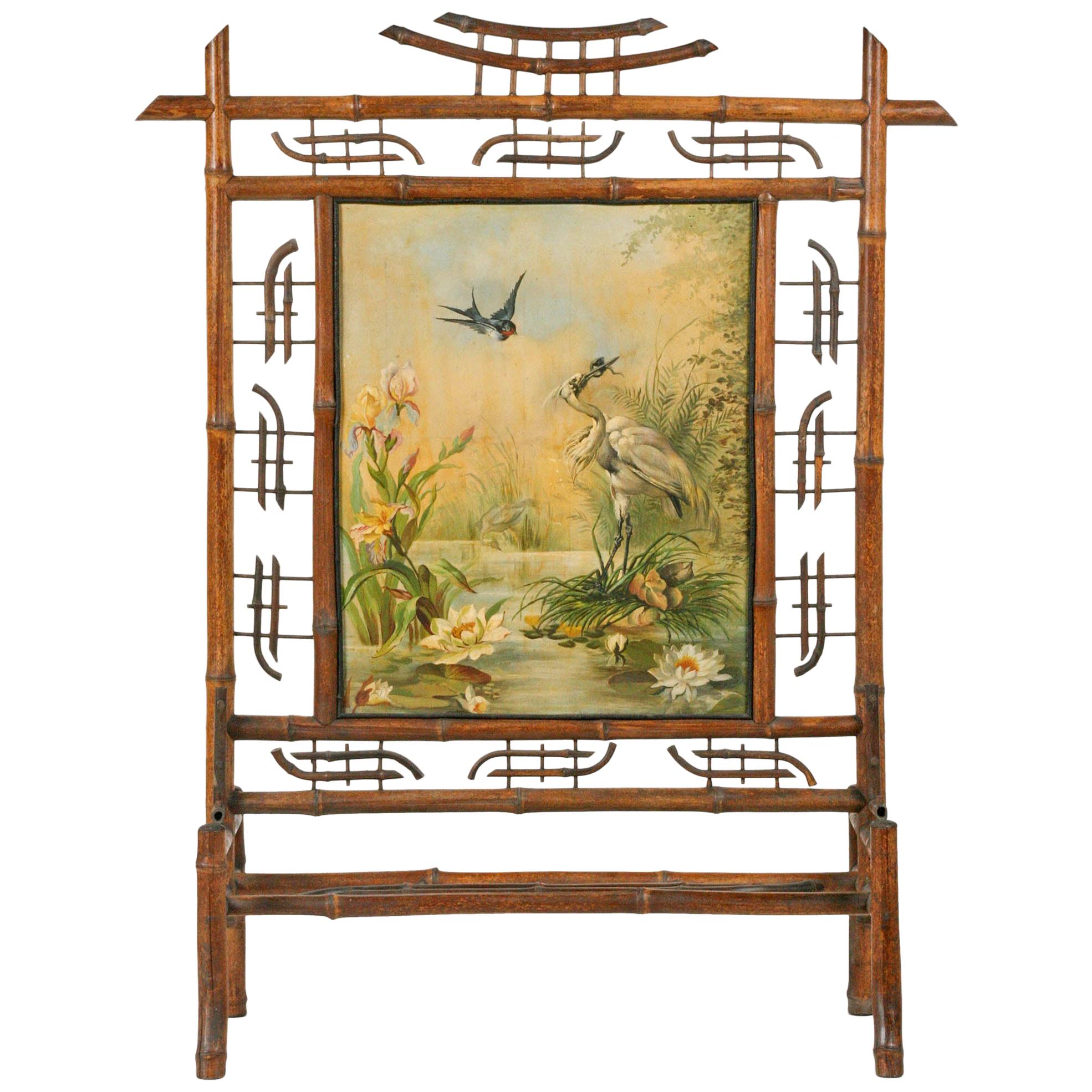 Jugendstil-Kaminschirm aus Bambus, gefertigt, mit Gemälde auf Leinwand aus dem Jahr 1896 im Angebot