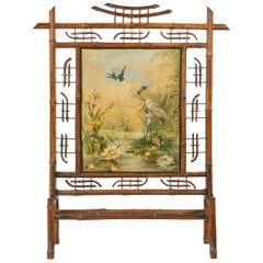 Vintage Art Nouveau Fireplace Screen, Made of Bamboo, with Painting on Canvas from 1896