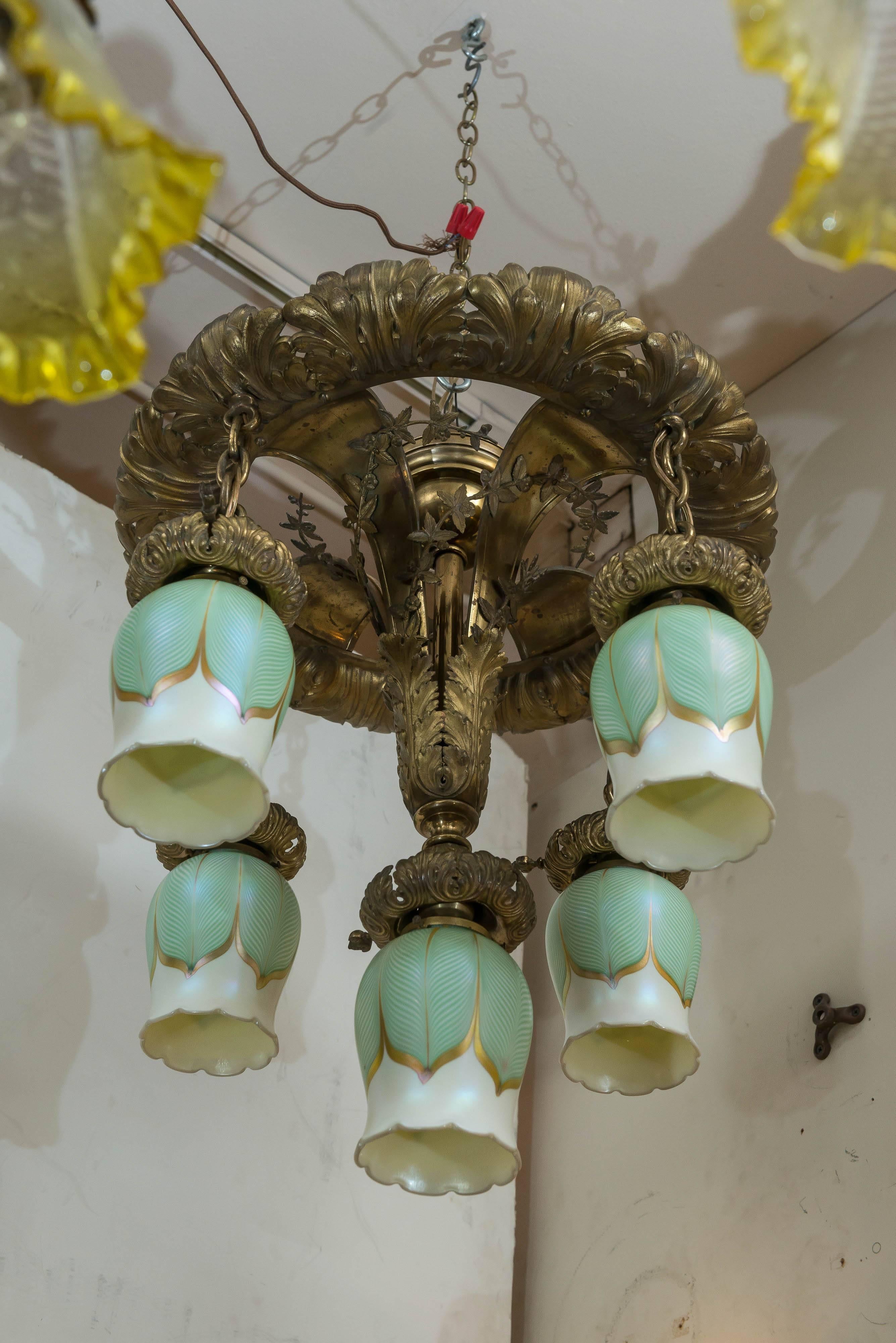 Art Nouveau Five-Light Flush Mount Chandelier with Signed Art Glass Shades 5