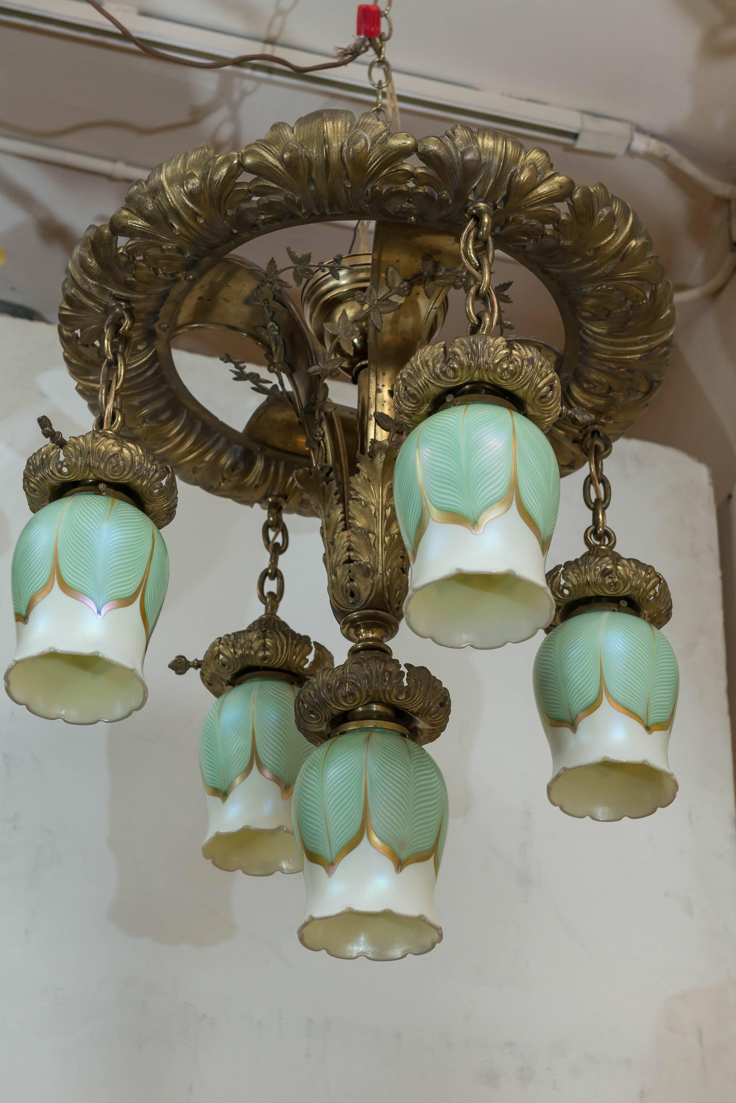 Art Nouveau Five-Light Flush Mount Chandelier with Signed Art Glass Shades In Excellent Condition In Petaluma, CA