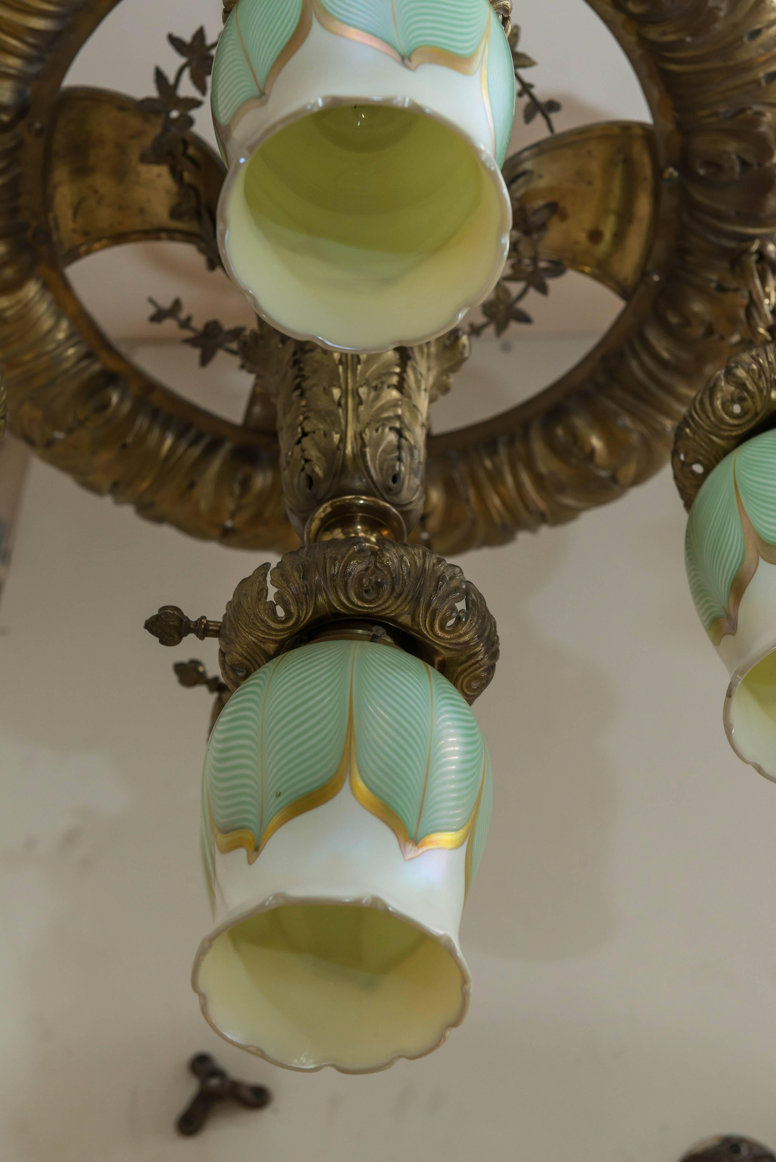 Art Nouveau Five-Light Flush Mount Chandelier with Signed Art Glass Shades 2