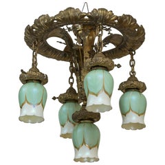 Antique Art Nouveau Five-Light Flush Mount Chandelier with Signed Art Glass Shades