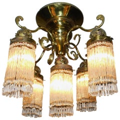 Art Nouveau Five-Light Hanging Glass Crystal Brass Chandelier, circa 1900