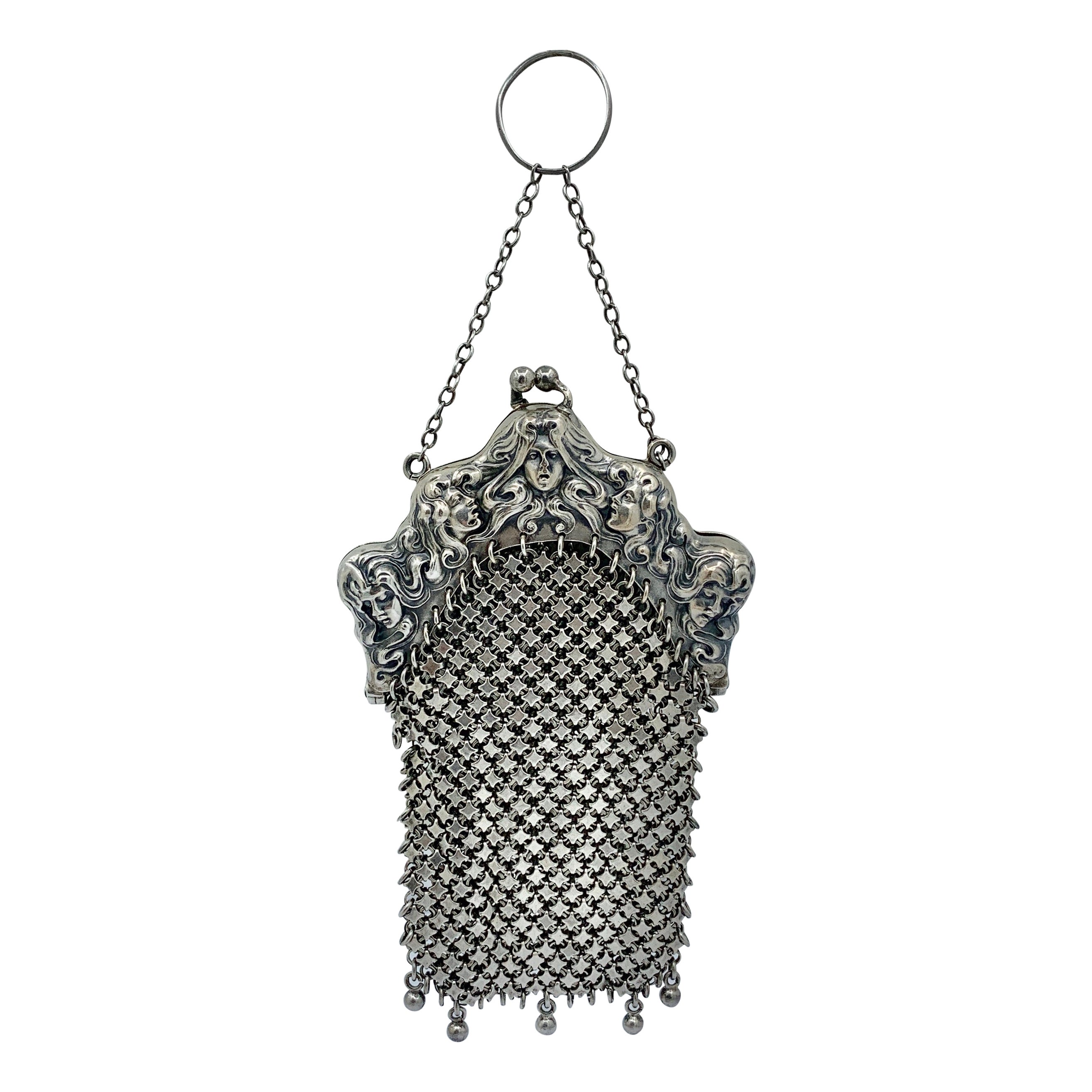 Art Nouveau Five Maiden Woman Evening Handbag Purse Unger Brothers Sterling Bag en vente