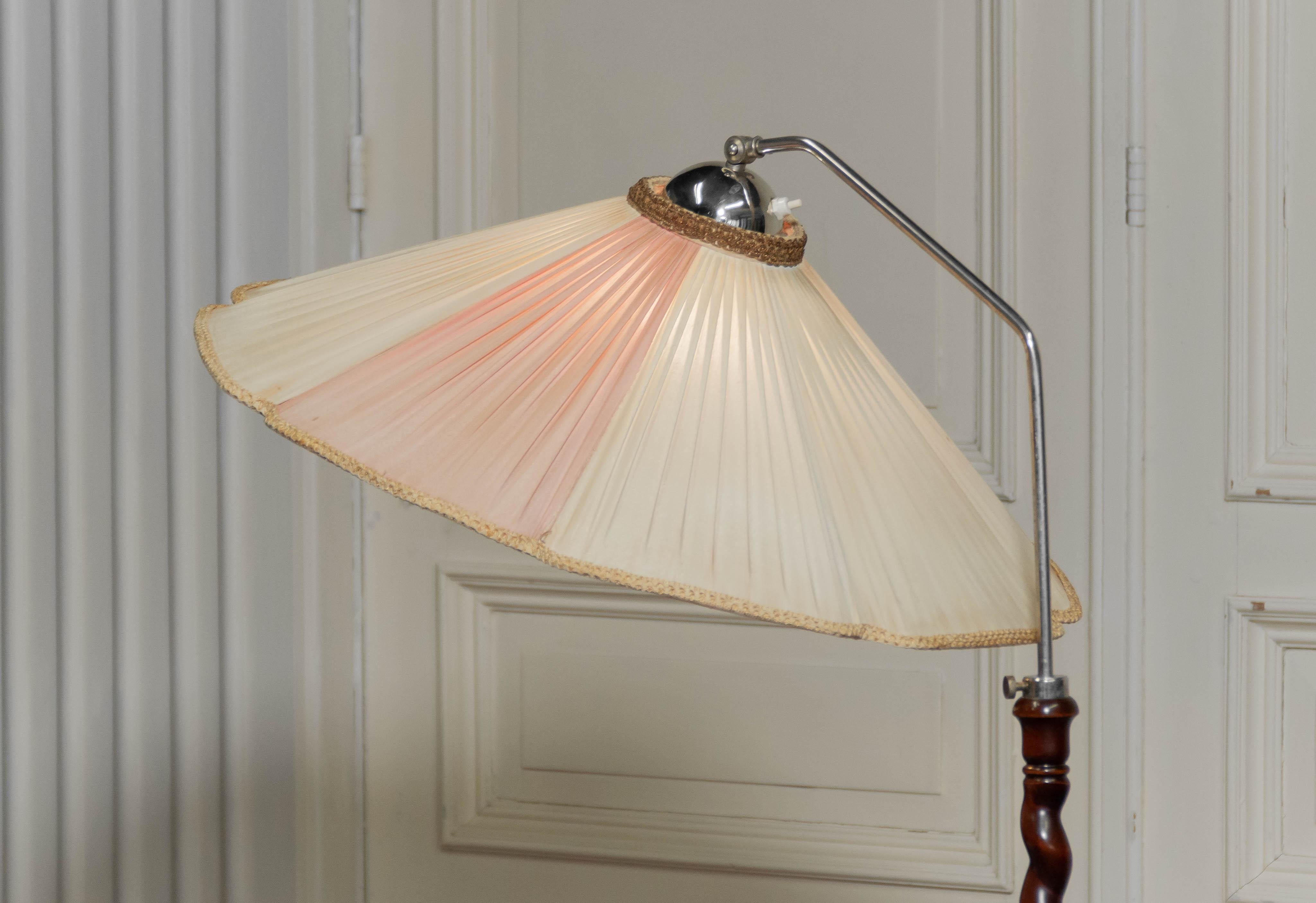 Fabric Art Nouveau Floor Lamp with Twisted Wood Stand, 1940s For Sale
