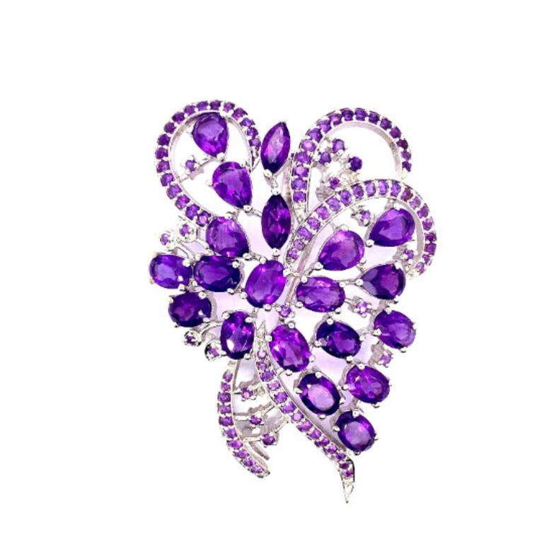 Mixed Cut 925 Sterling Silver 15.10 Carat Statement Amethyst Brooch Pin For Sale