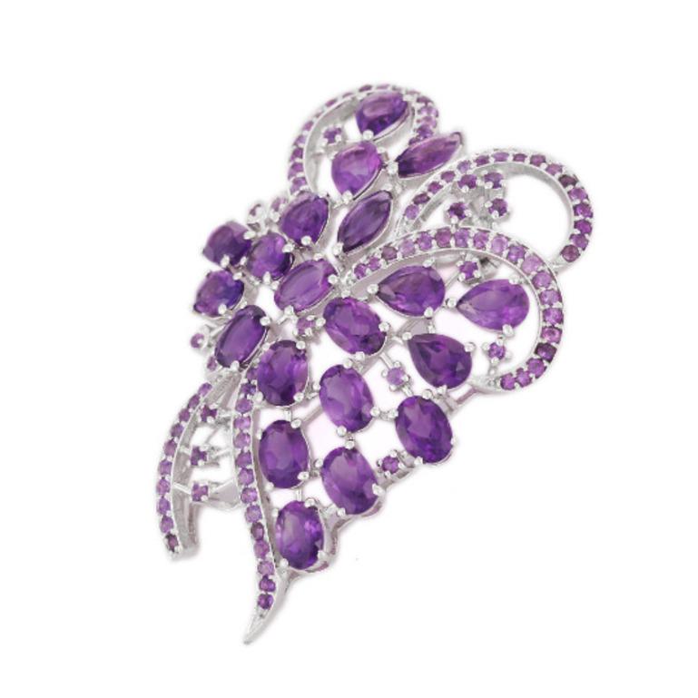 925 Sterling Silver 15.10 Carat Statement Amethyst Brooch Pin In New Condition For Sale In Houston, TX