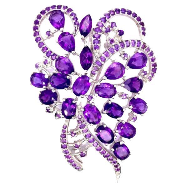 925 Sterling Silver 15.10 Carat Statement Amethyst Brooch Pin For Sale