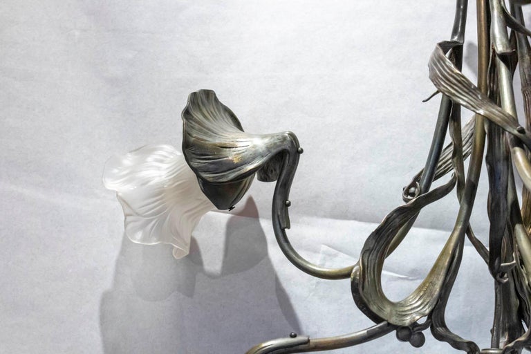 Chandelier Art Nouveau – Auguste Rubin – Vers 1910 – Étain, Motif Floral