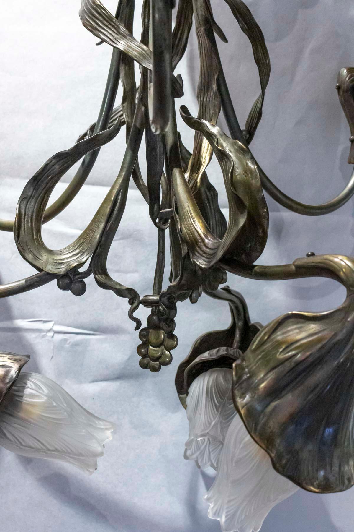 Bronze Art Nouveau Floral Chandelier, Designed by Jean Auguste Dampt, 1900