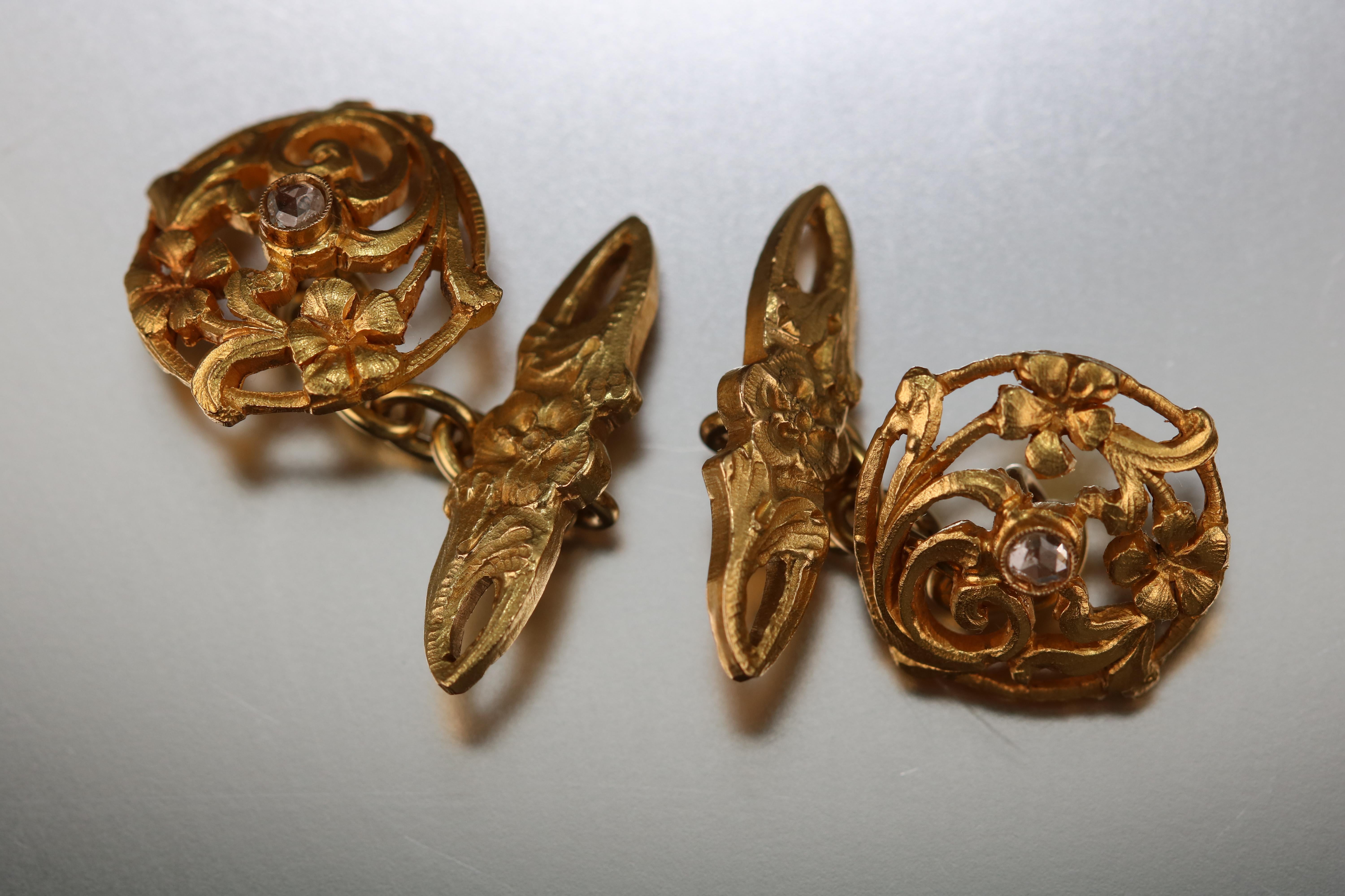 Art Nouveau Floral Design Cufflinks Yellow Gold 4