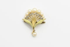 Art Nouveau Floral Enamel Pearl and Diamond 18k Gold Brooch Pendant