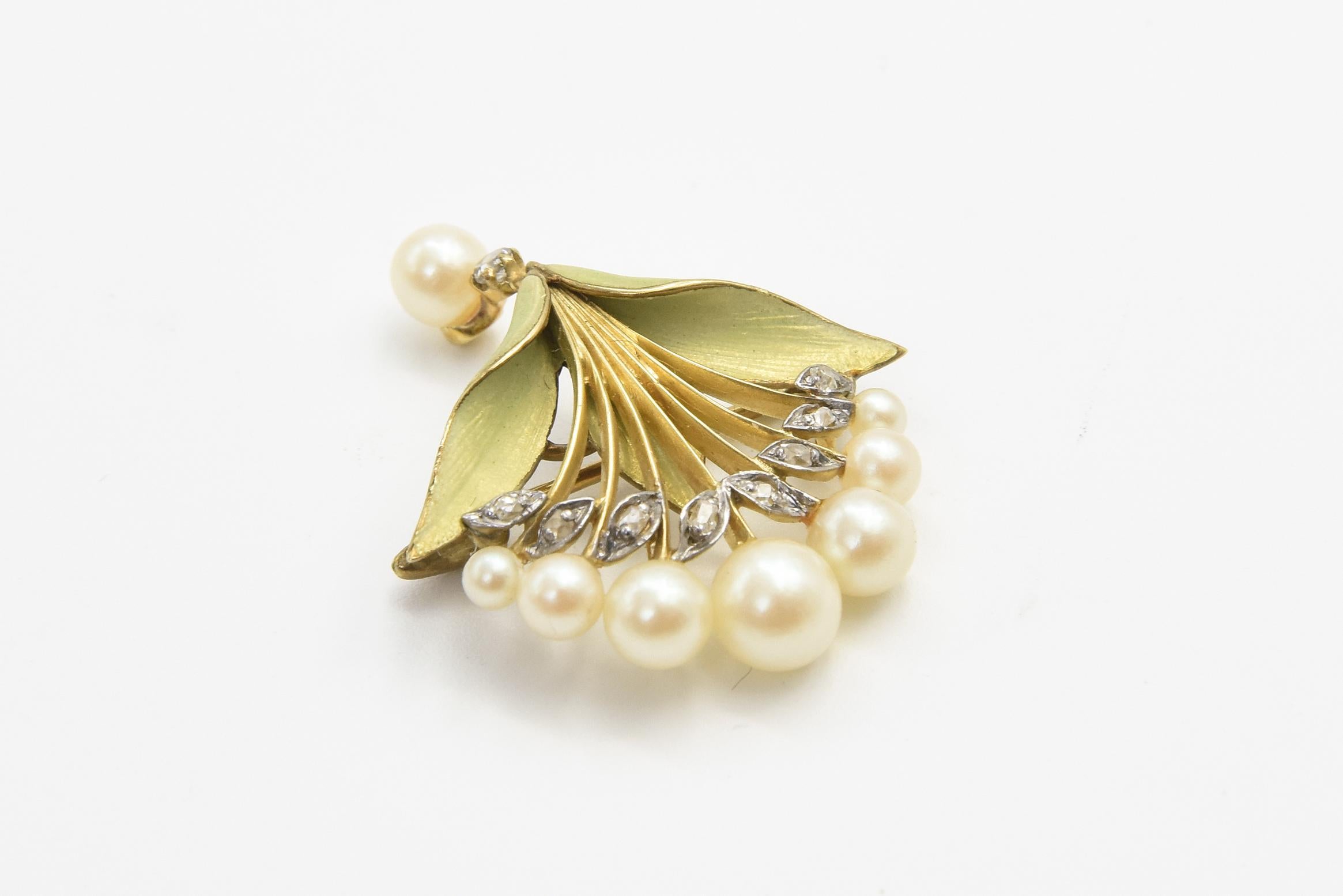 Round Cut Art Nouveau Floral Enamel Pearl and Diamond 18k Gold Brooch Pendant For Sale