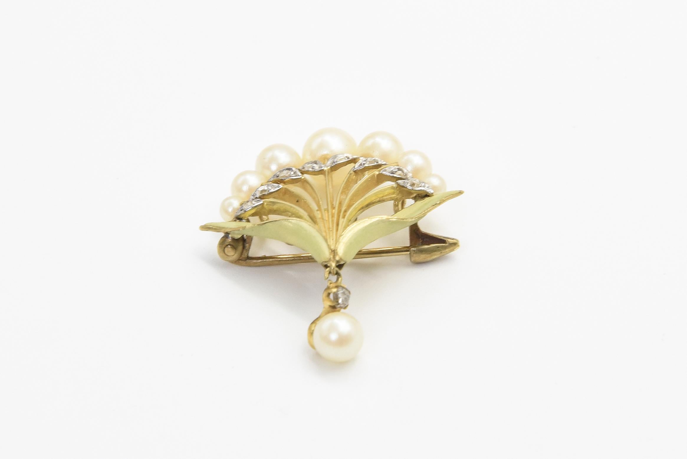 Women's or Men's Art Nouveau Floral Enamel Pearl and Diamond 18k Gold Brooch Pendant For Sale