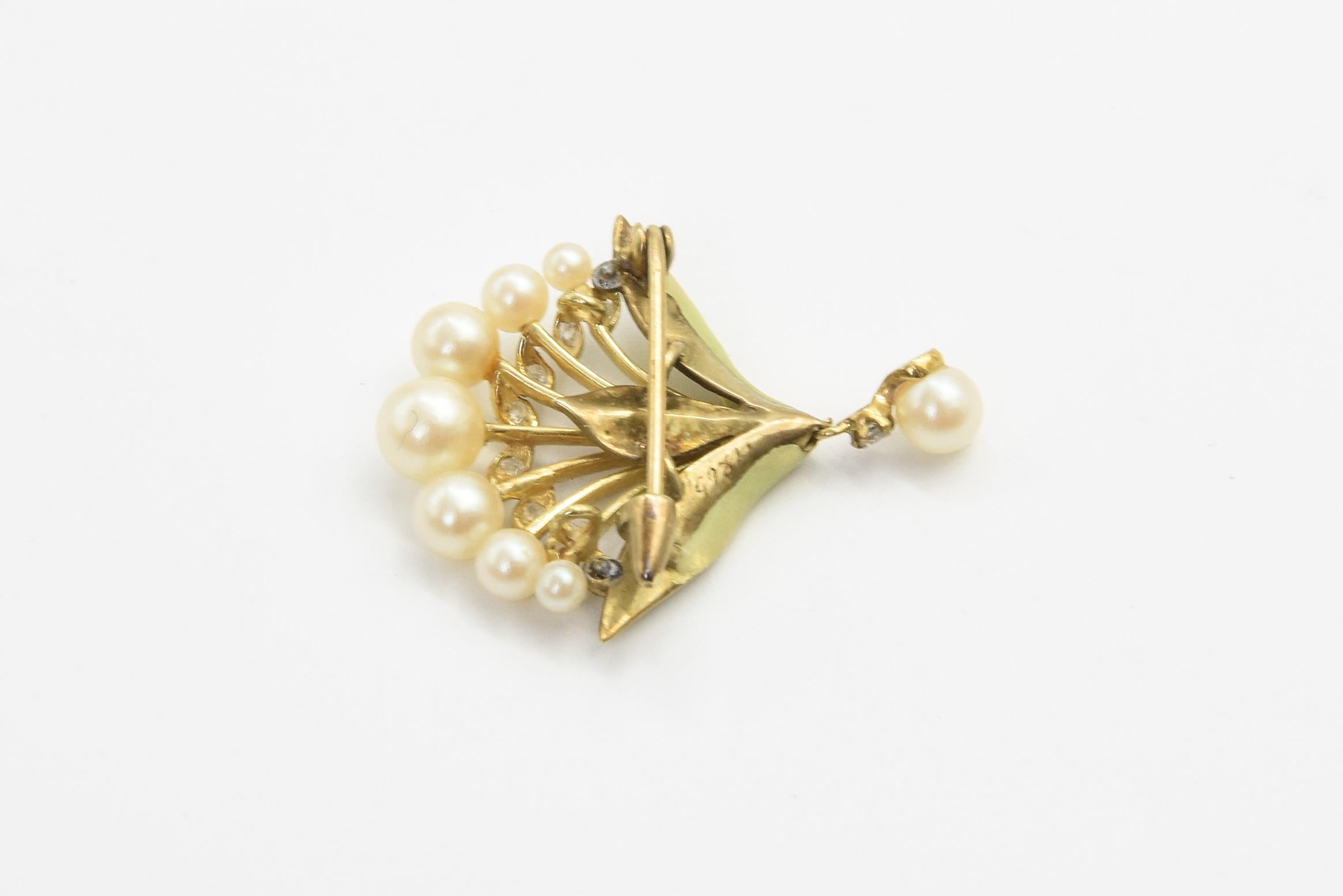 Art Nouveau Floral Enamel Pearl and Diamond 18k Gold Brooch Pendant For Sale 1