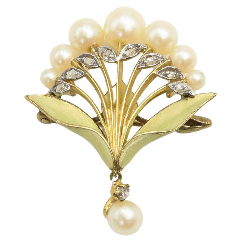 Art Nouveau Floral Enamel Pearl and Diamond 18k Gold Brooch Pendant