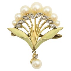 Art Nouveau Floral Esmalte Perla y Diamante Broche Colgante Oro 18k
