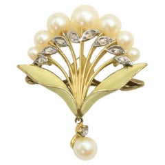 Vintage Art Nouveau Floral Enamel Pearl and Diamond 18k Gold Brooch Pendant