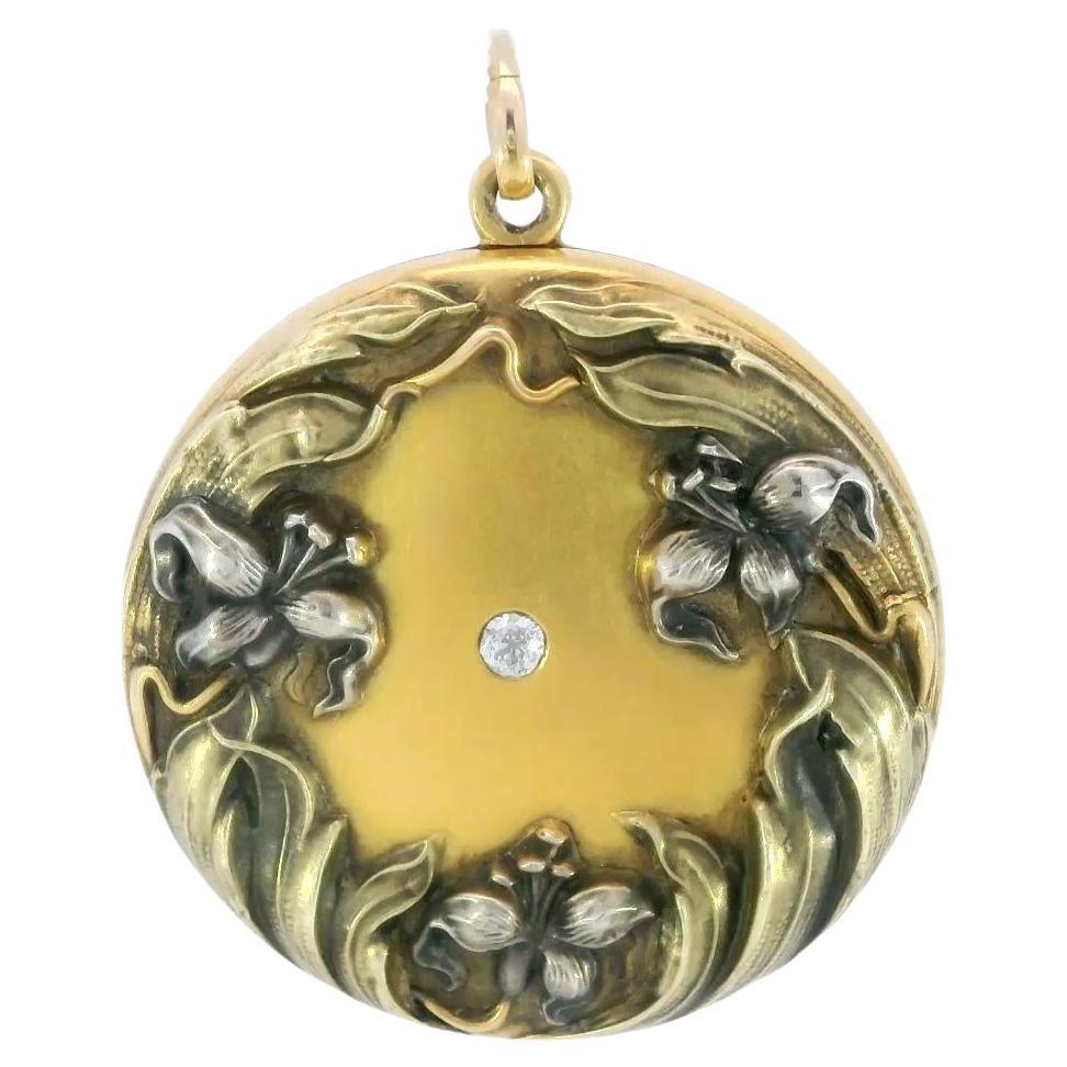 Art Nouveau Floral Locket with Old Mine Cut Diamond Center in 14K Yellow Gold For Sale