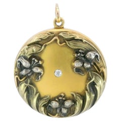 Art Nouveau Floral Locket with Old Mine Cut Diamond Center in 14K Yellow Gold
