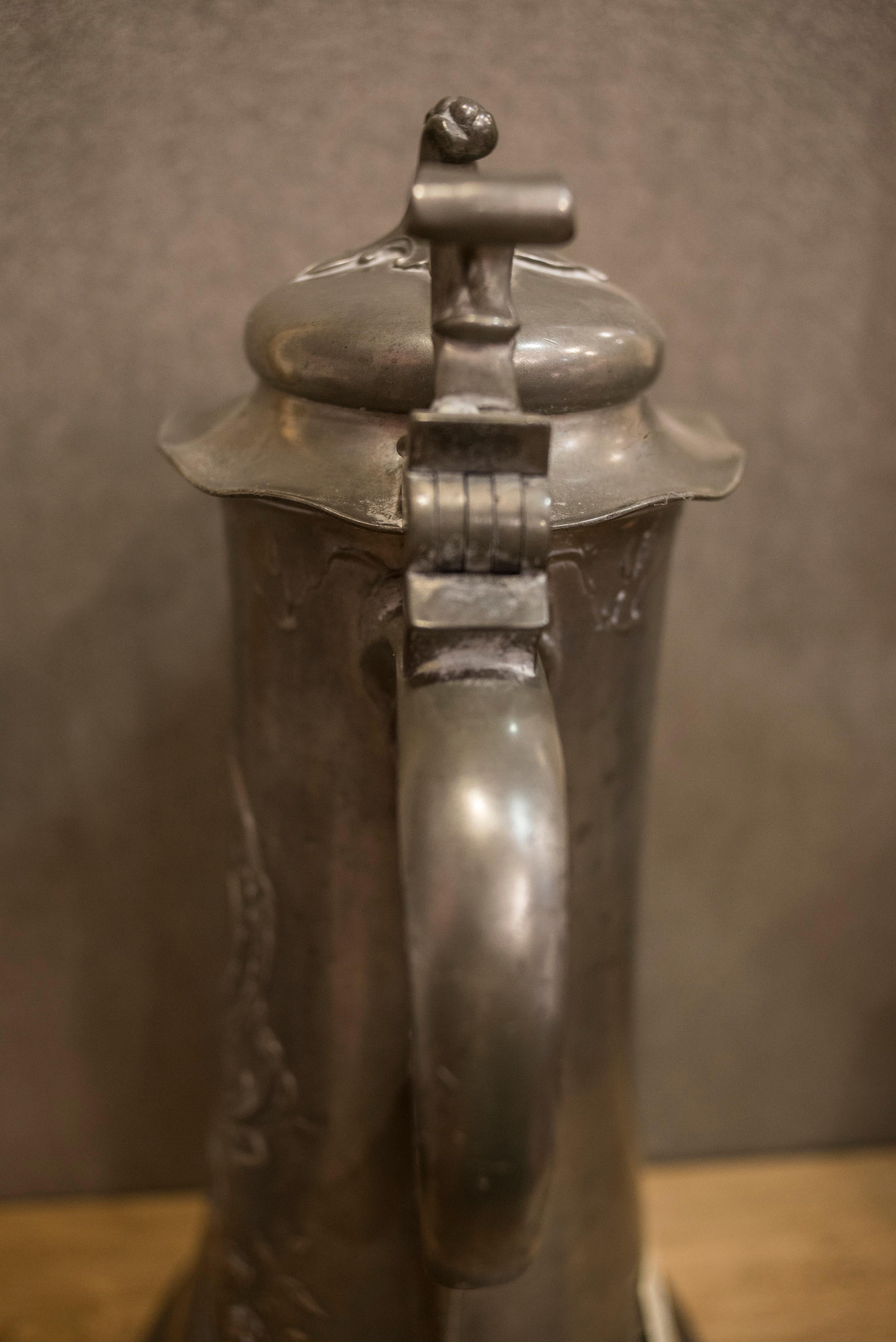 Late 19th Century Art Nouveau German Tankard Floral Motif Pewter Kayserzinn , Initials , Marks