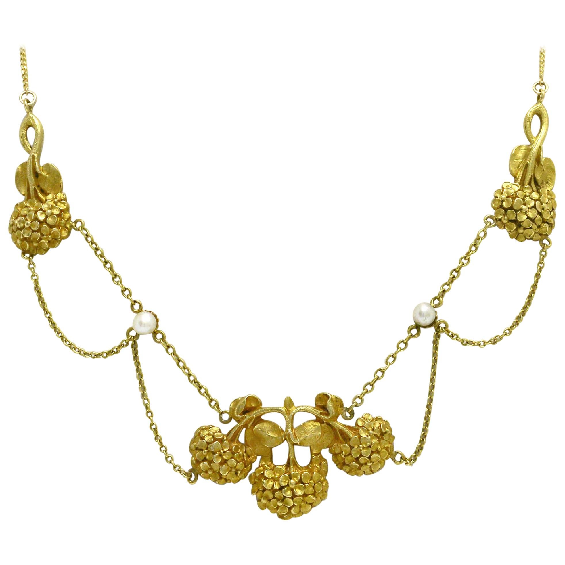 Art Nouveau Floral Necklace Seed Pearl 19 Karat Gold Antique Festoon Swags