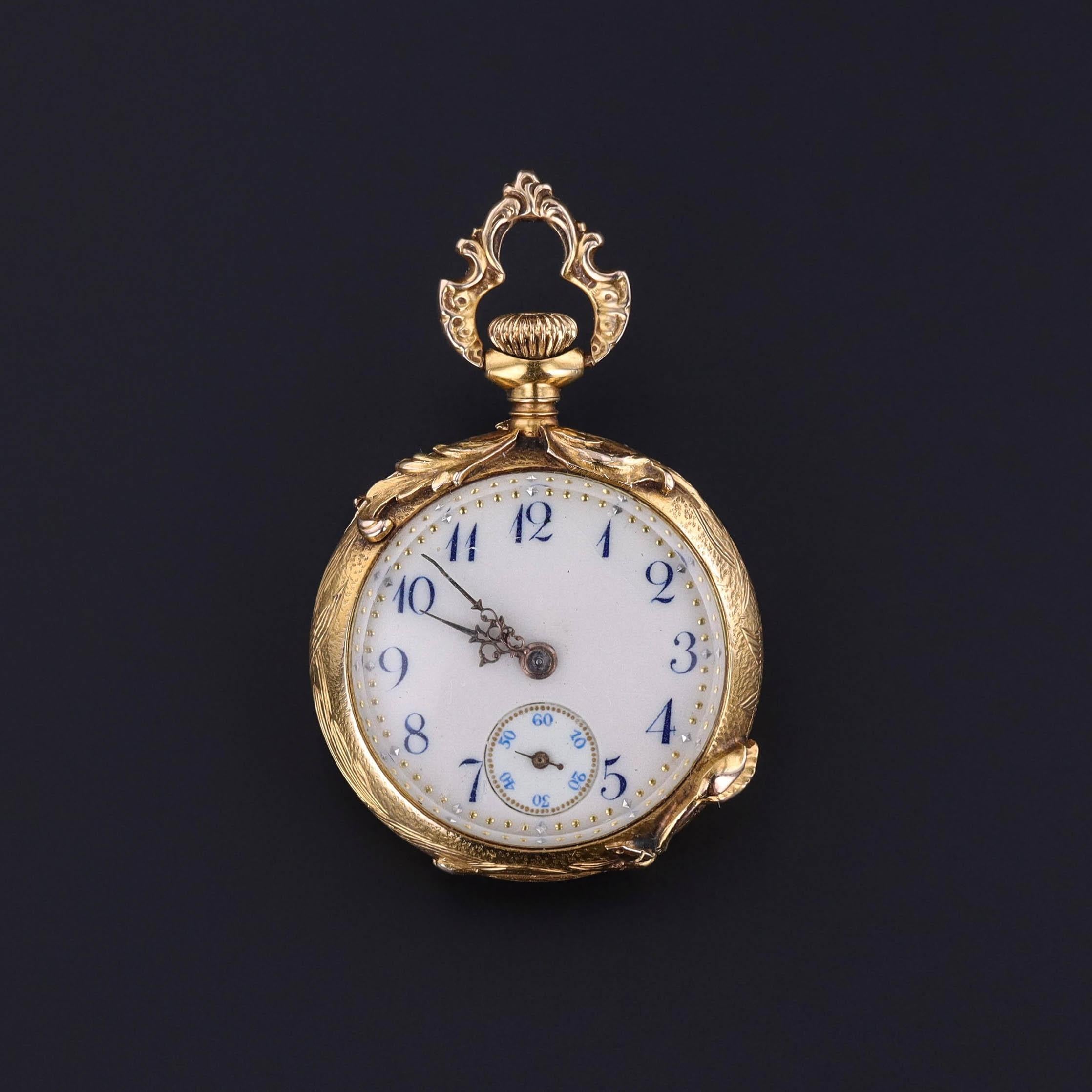 Art Nouveau Diamond Watch Brooch (c. 1890-1900)

A masterwork of the Art Nouveau era, this antique 14k gold pendant watch is a floral reverie in high relief- lushly sculpted and romantically stylized.  At its heart glows an old European cut diamond,