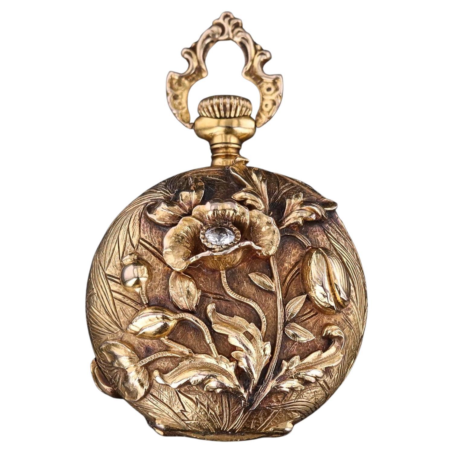 Art Nouveau Floral Pocket Watch of 14k Gold