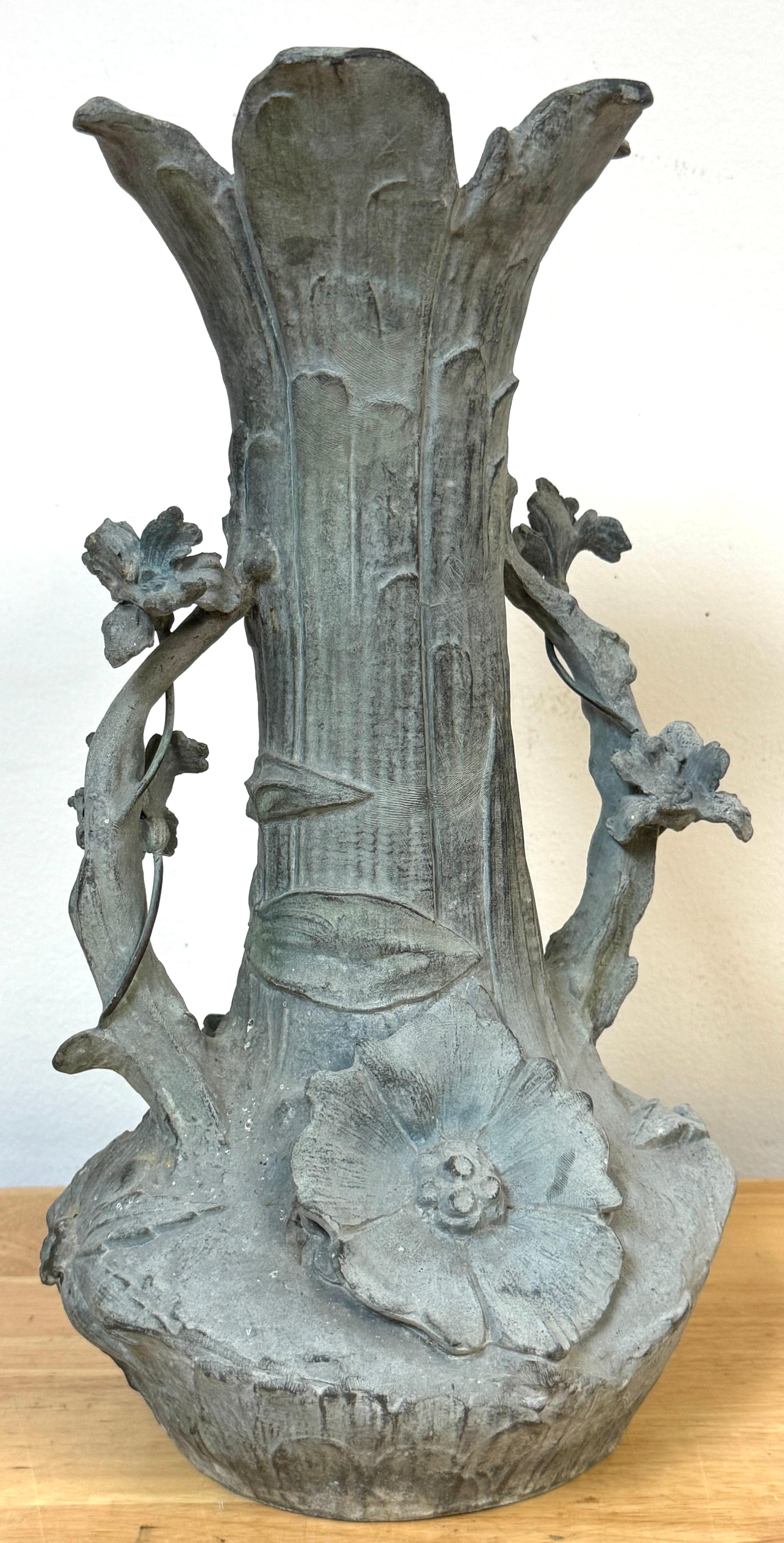 Art Nouveau Floral Relief Vase in Cast Zinc, Attributed to Kayserzinn, C. 1900s In Good Condition For Sale In West Palm Beach, FL