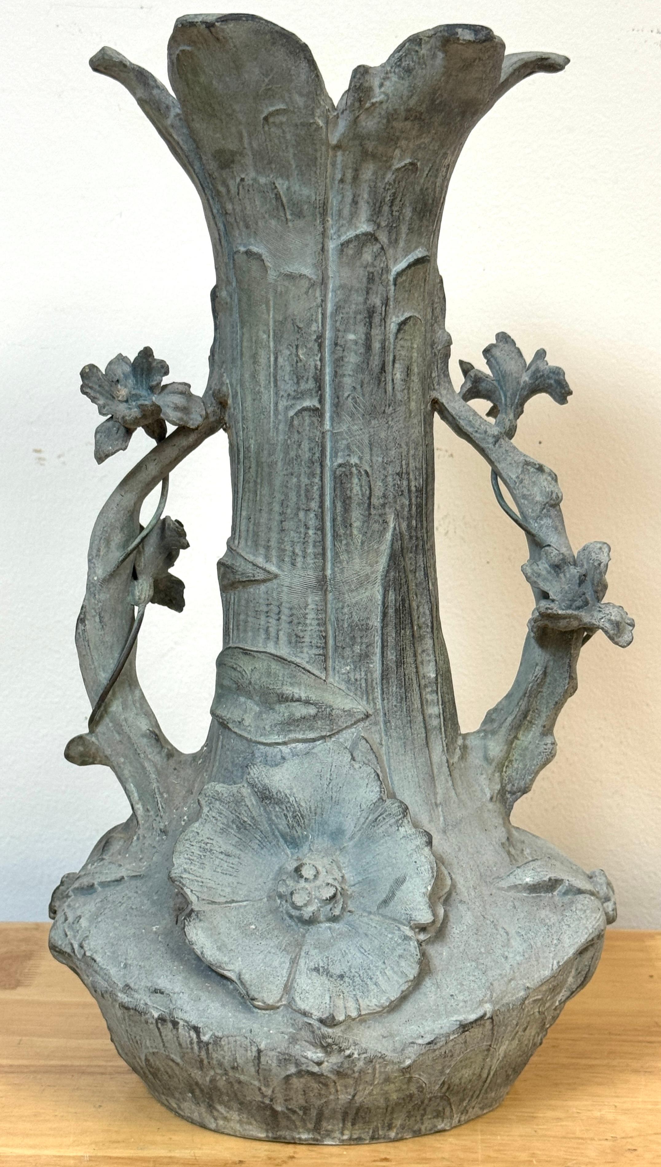 Metal Art Nouveau Floral Relief Vase in Cast Zinc, Attributed to Kayserzinn, C. 1900s For Sale