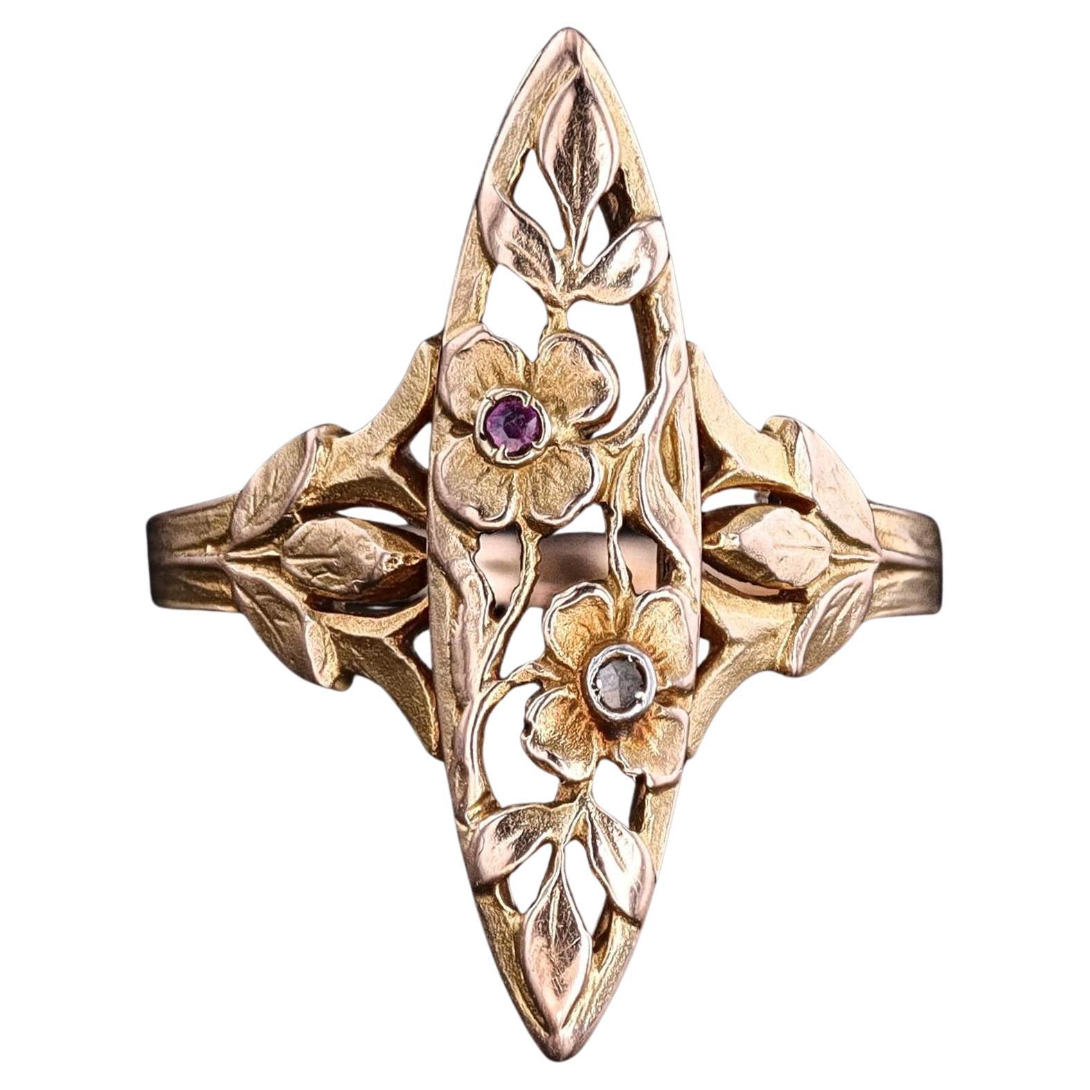 Jugendstil-Rubin- und Diamantring aus 18k Gold im Angebot