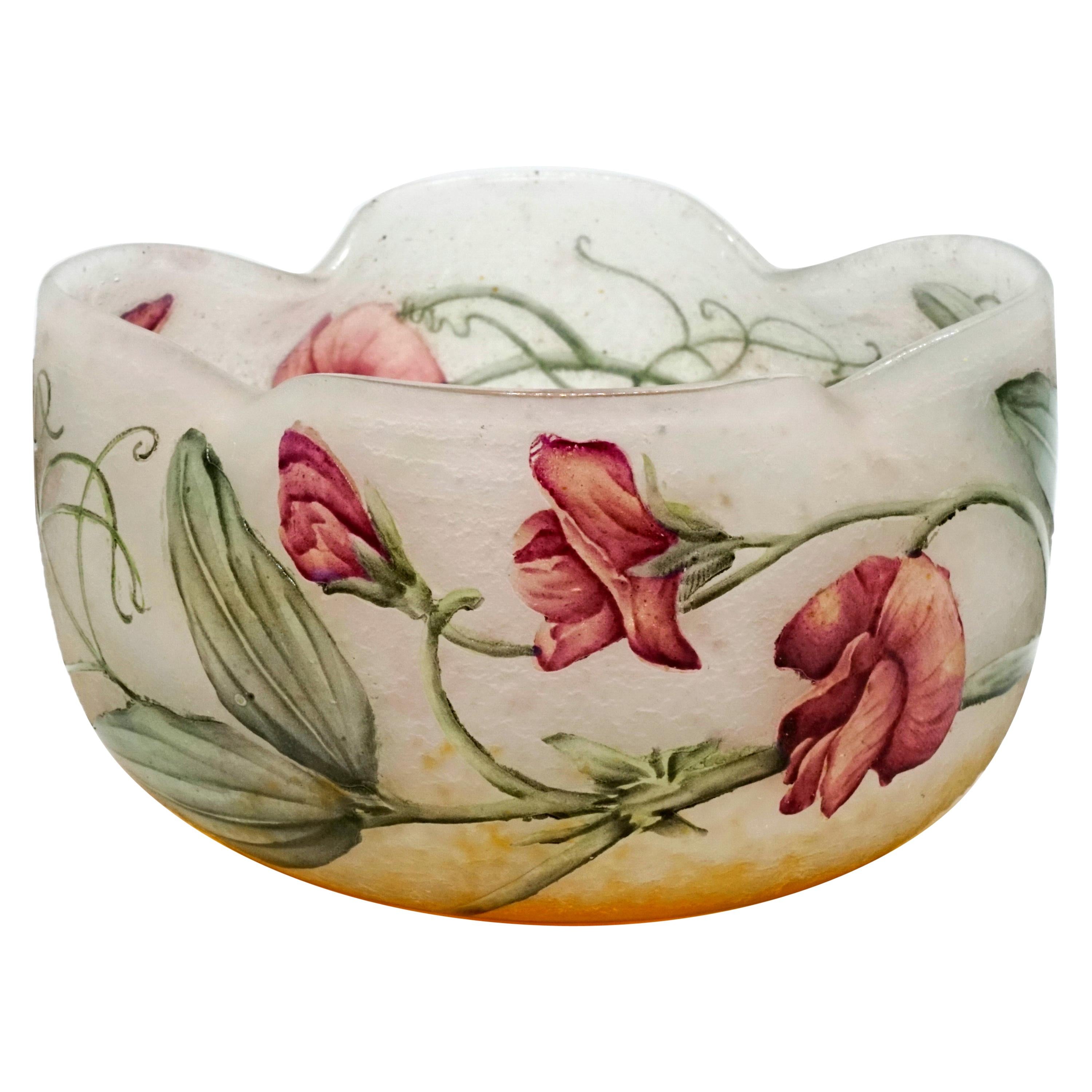 Art Nouveau Flower Bowl with Sweet Pea Decor, Daum Nancy, France, 1900-1905