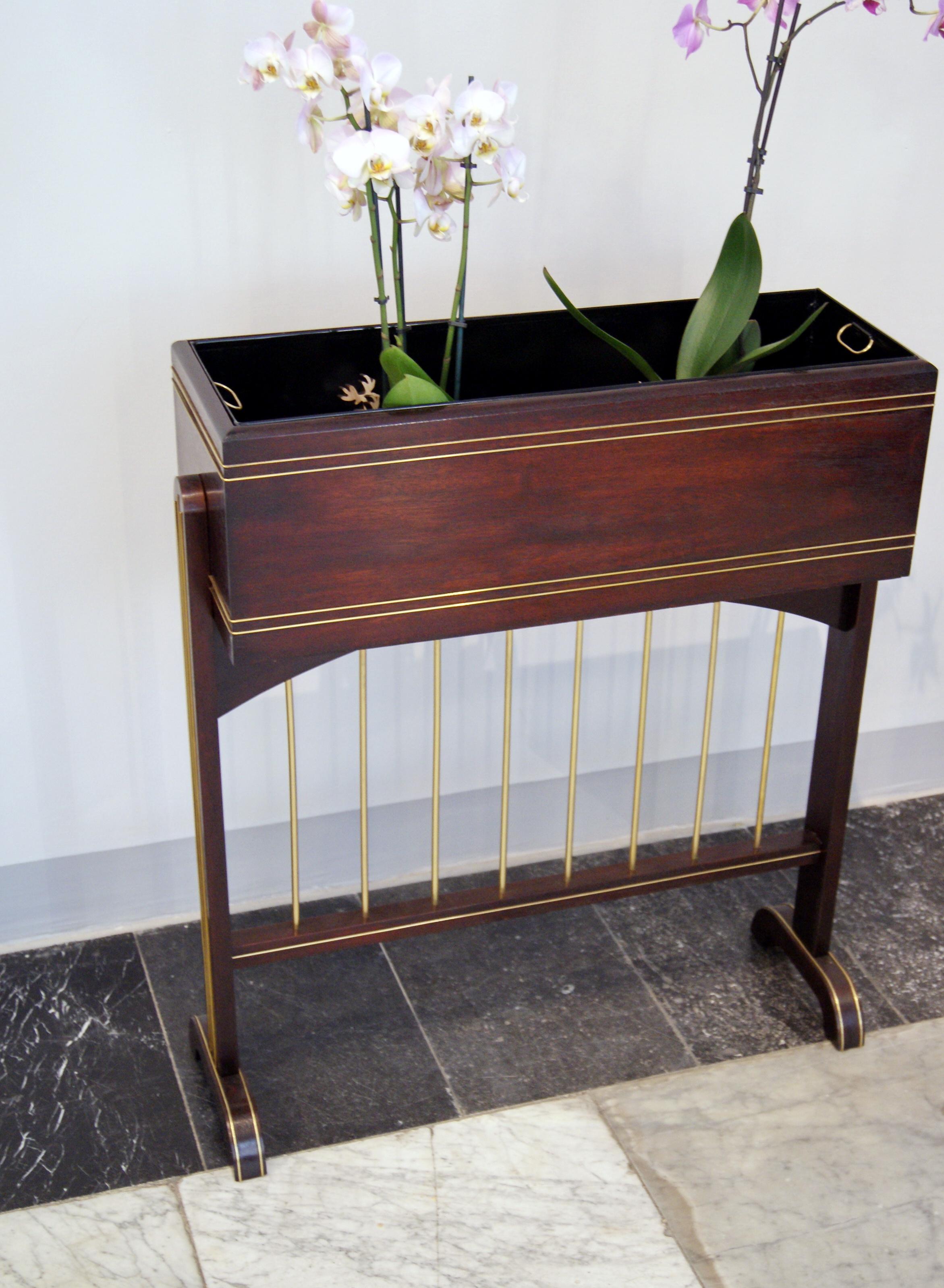Austrian Art Nouveau Flower Container Mahogany Stained Brass Inlays Vienna, circa 1915 For Sale