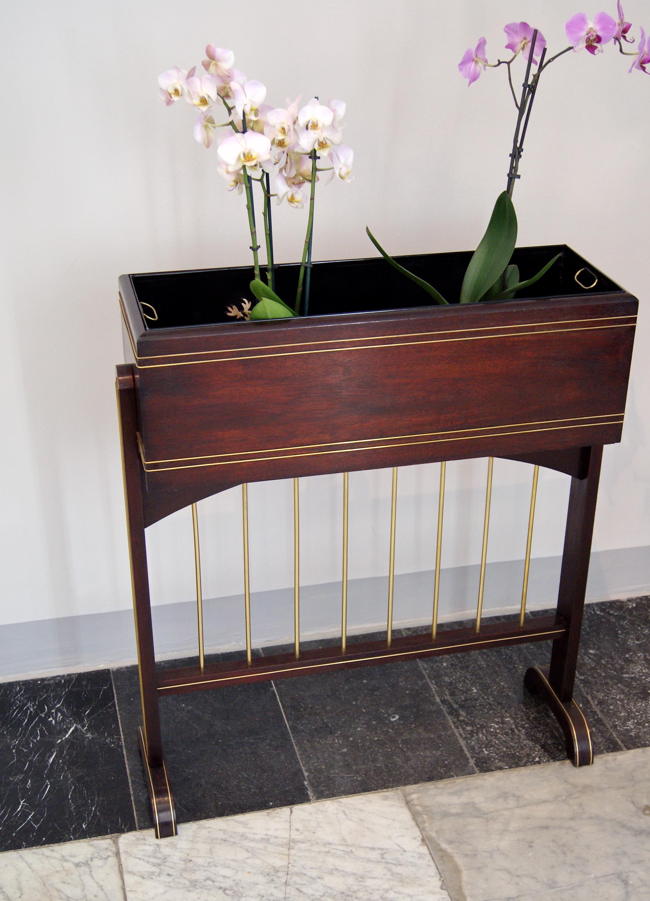 Beech Art Nouveau Flower Container Mahogany Stained Brass Inlays Vienna, circa 1915 For Sale