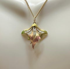 Art Nouveau Flower Leaves Iridescent Enamel Pearl Pendant Necklace 14k Gold