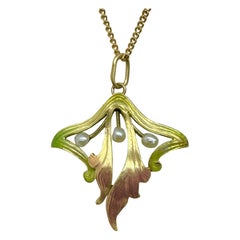 Art Nouveau Flower Leaves Iridescent Enamel Pearl Pendant Necklace 14k Gold