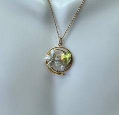 Art Nouveau Flower Lily Pad Enamel Pearl Pendant Lavaliere Necklace 14K Gold